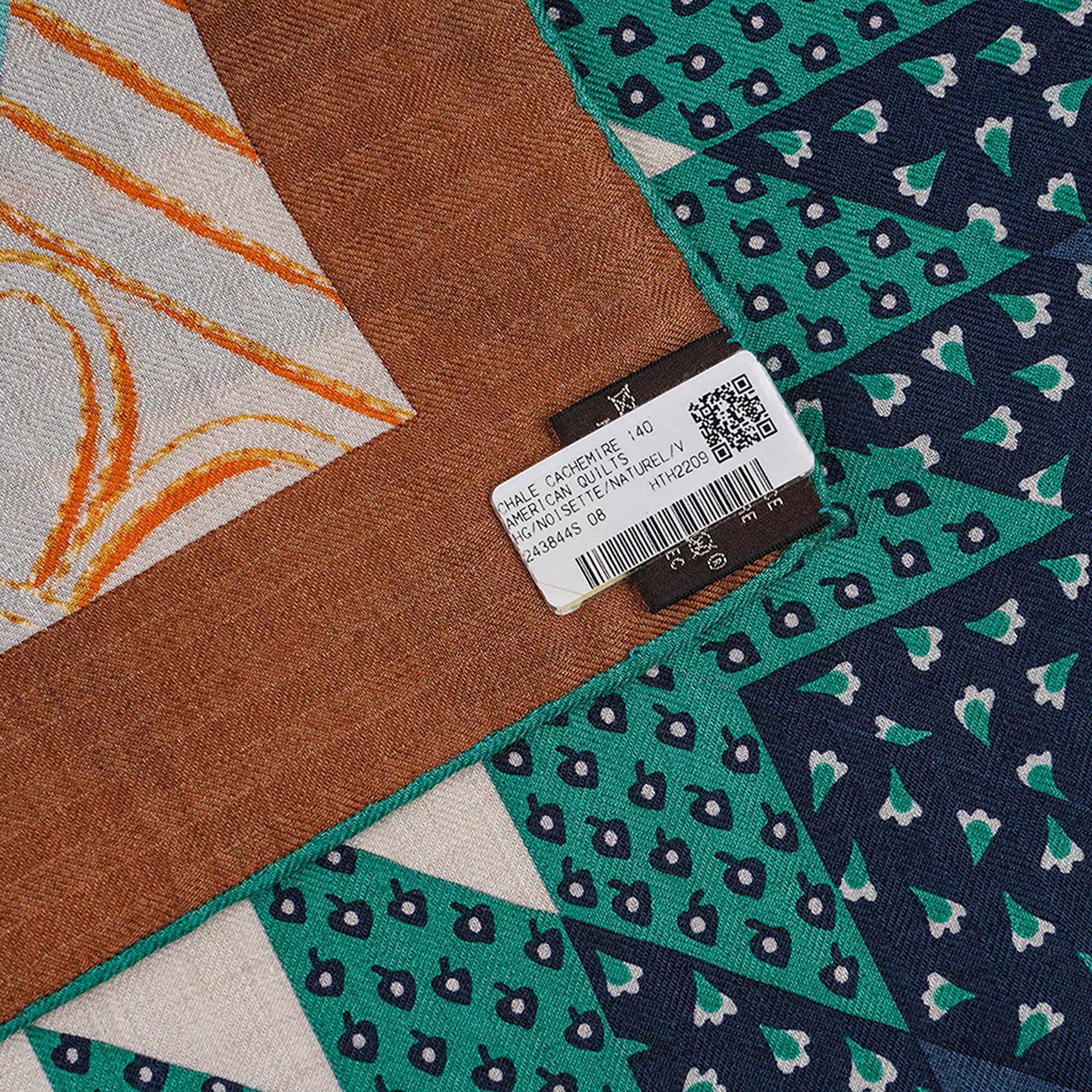 Hermes-Schal aus Seide und Kaschmir 140 American Quilts Noisette Naturel und Vert im Angebot 8