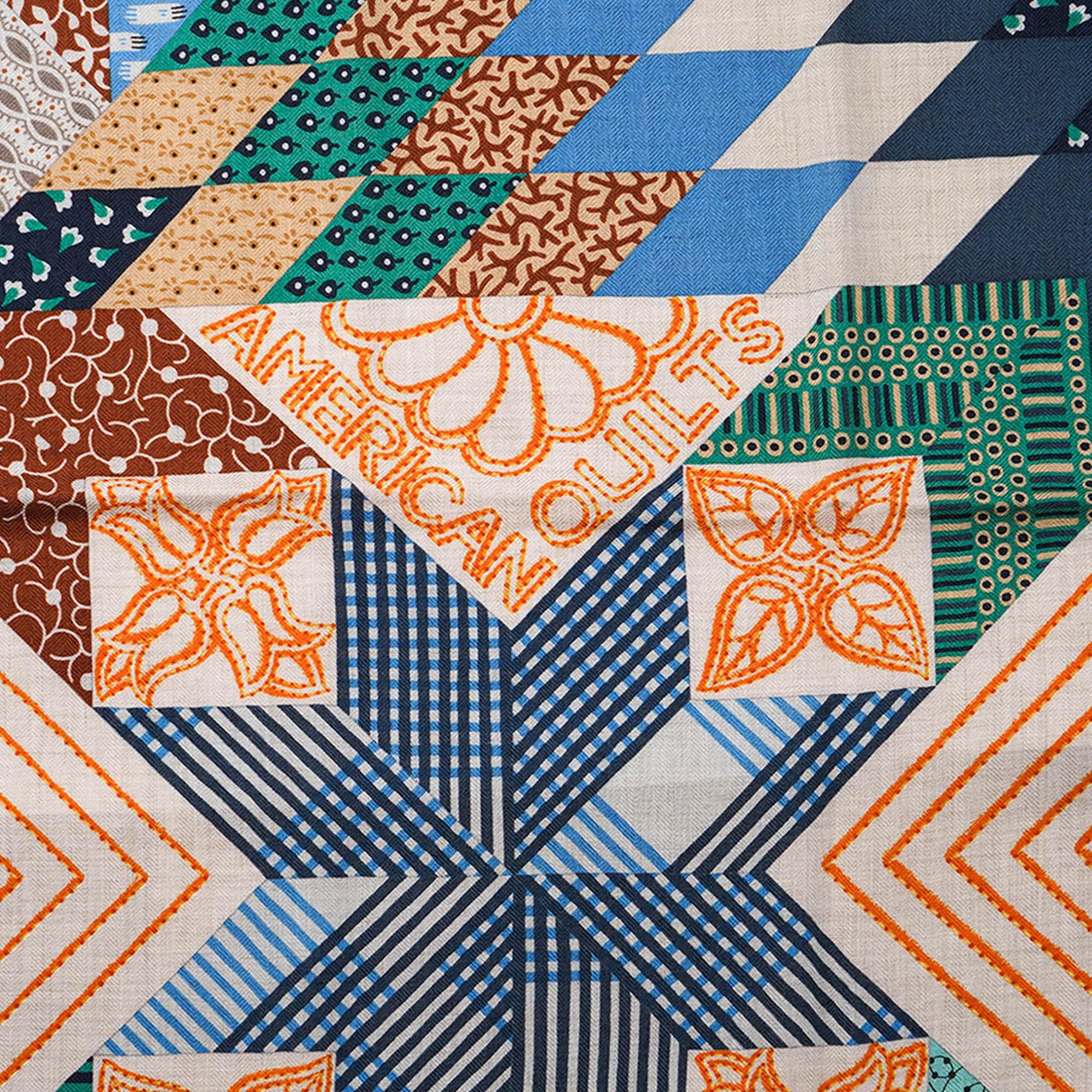 Hermes-Schal aus Seide und Kaschmir 140 American Quilts Noisette Naturel und Vert Damen im Angebot