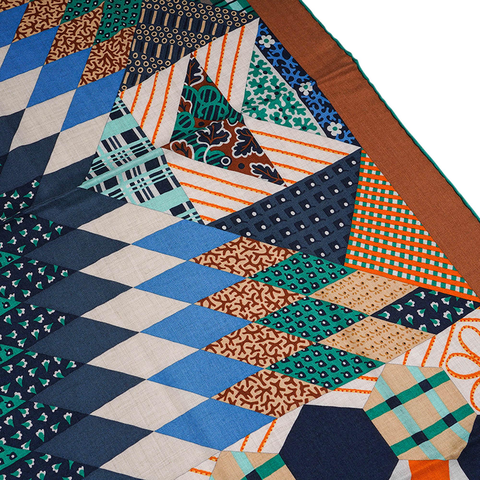 Hermes-Schal aus Seide und Kaschmir 140 American Quilts Noisette Naturel und Vert im Angebot 2