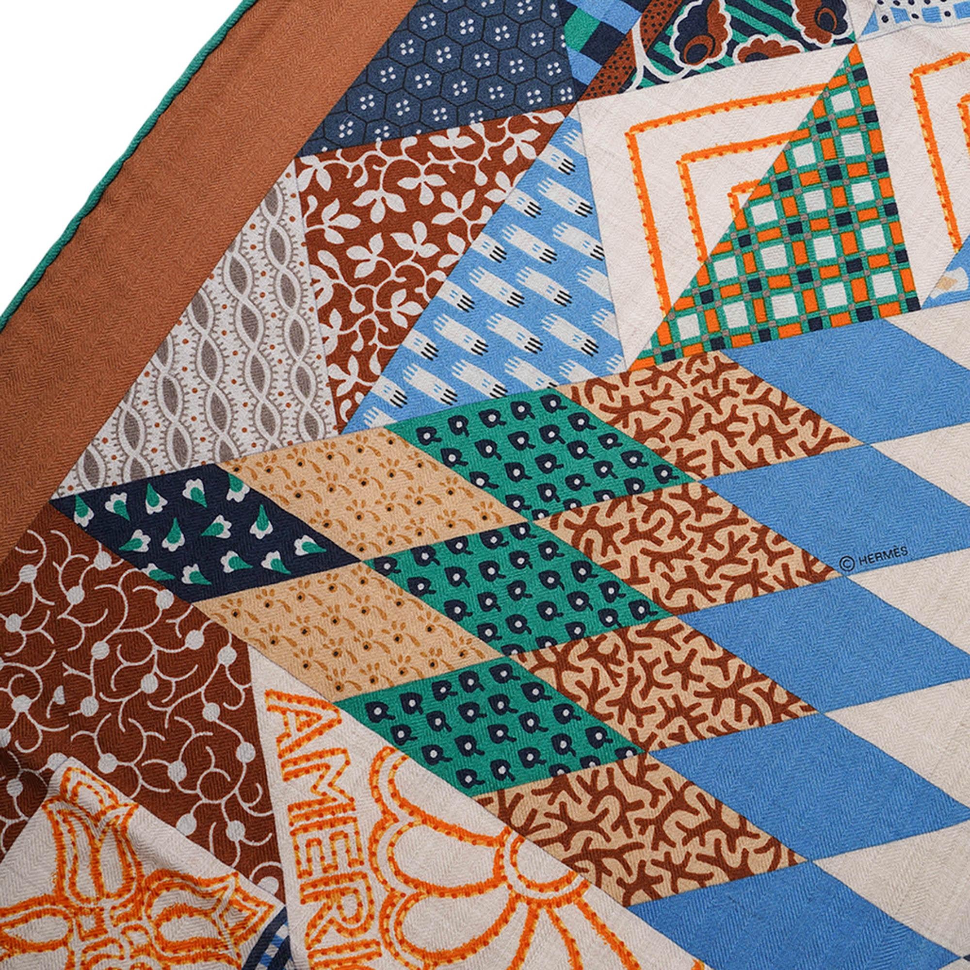 Hermes-Schal aus Seide und Kaschmir 140 American Quilts Noisette Naturel und Vert im Angebot 3