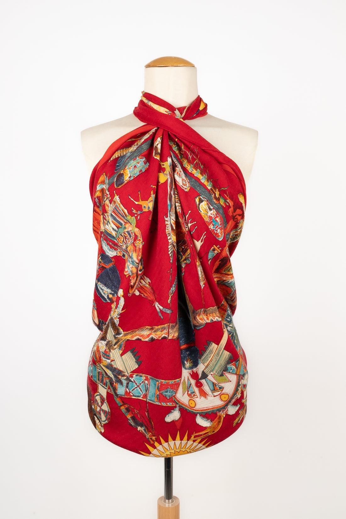 Red Hermès Silk and Cashmere Stole with the 'Indigenous Dances', 1999 For Sale