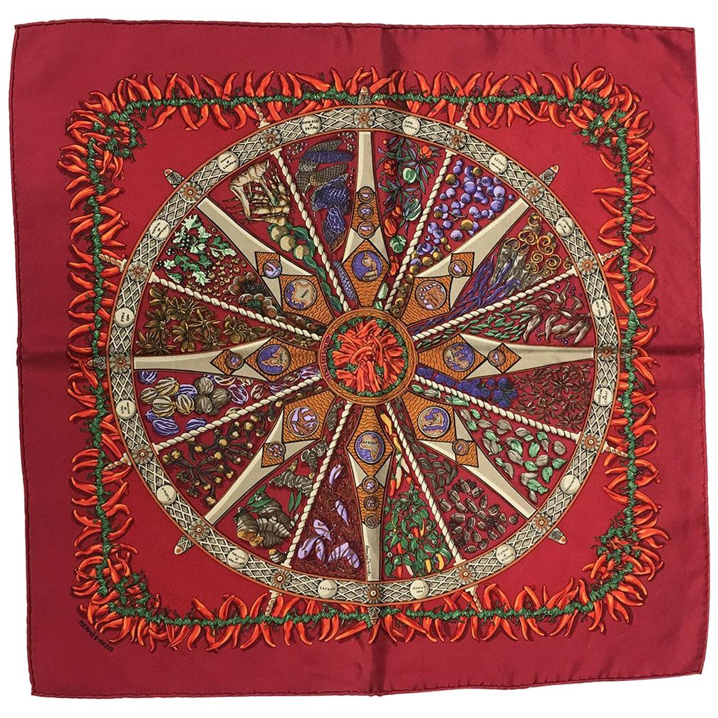 Hermes Silk Aux Pays des Epices Red Silk Pocket Square For Sale at 1stDibs