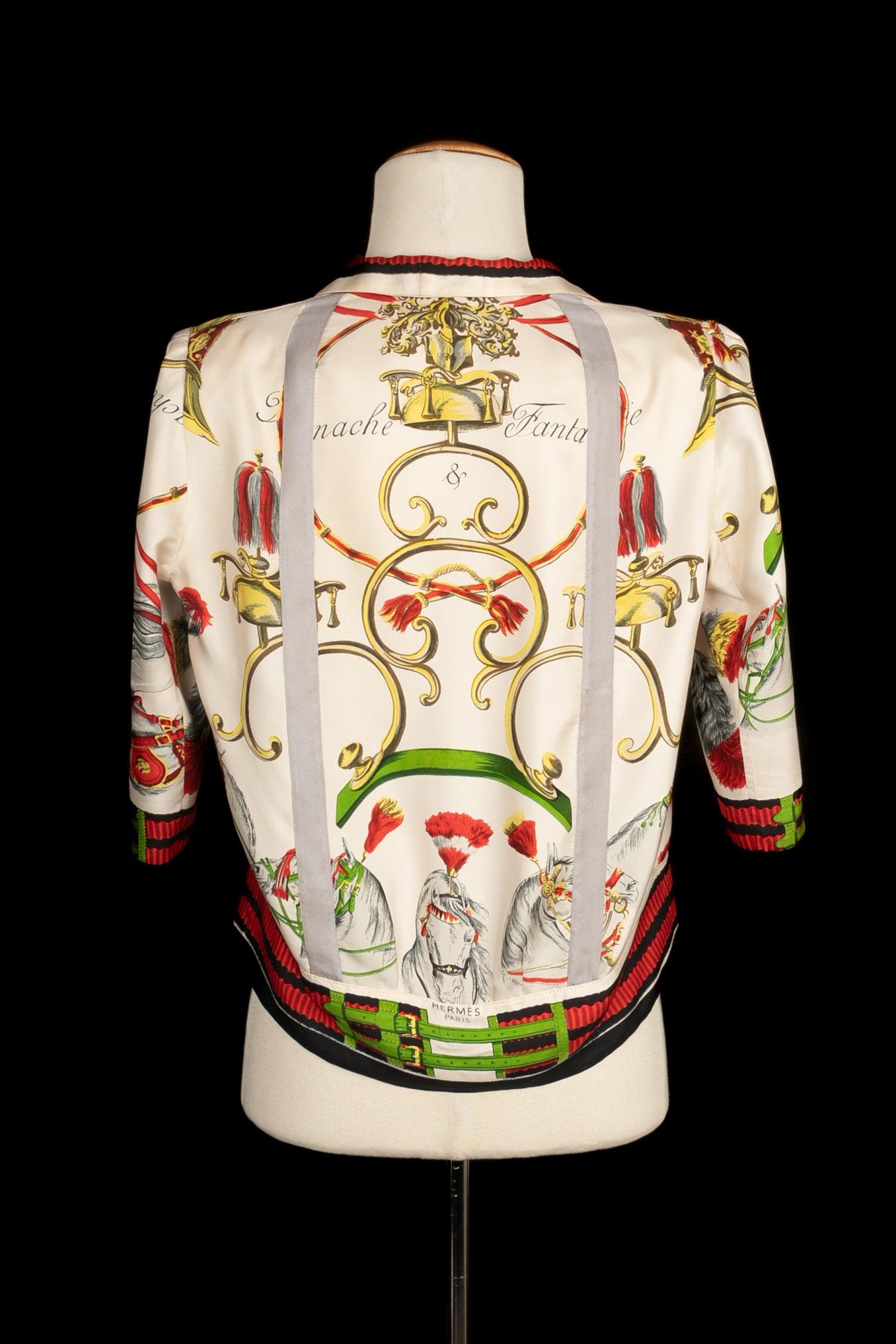Beige Hermès Silk Blouse Top in Red, Green and White Tones For Sale