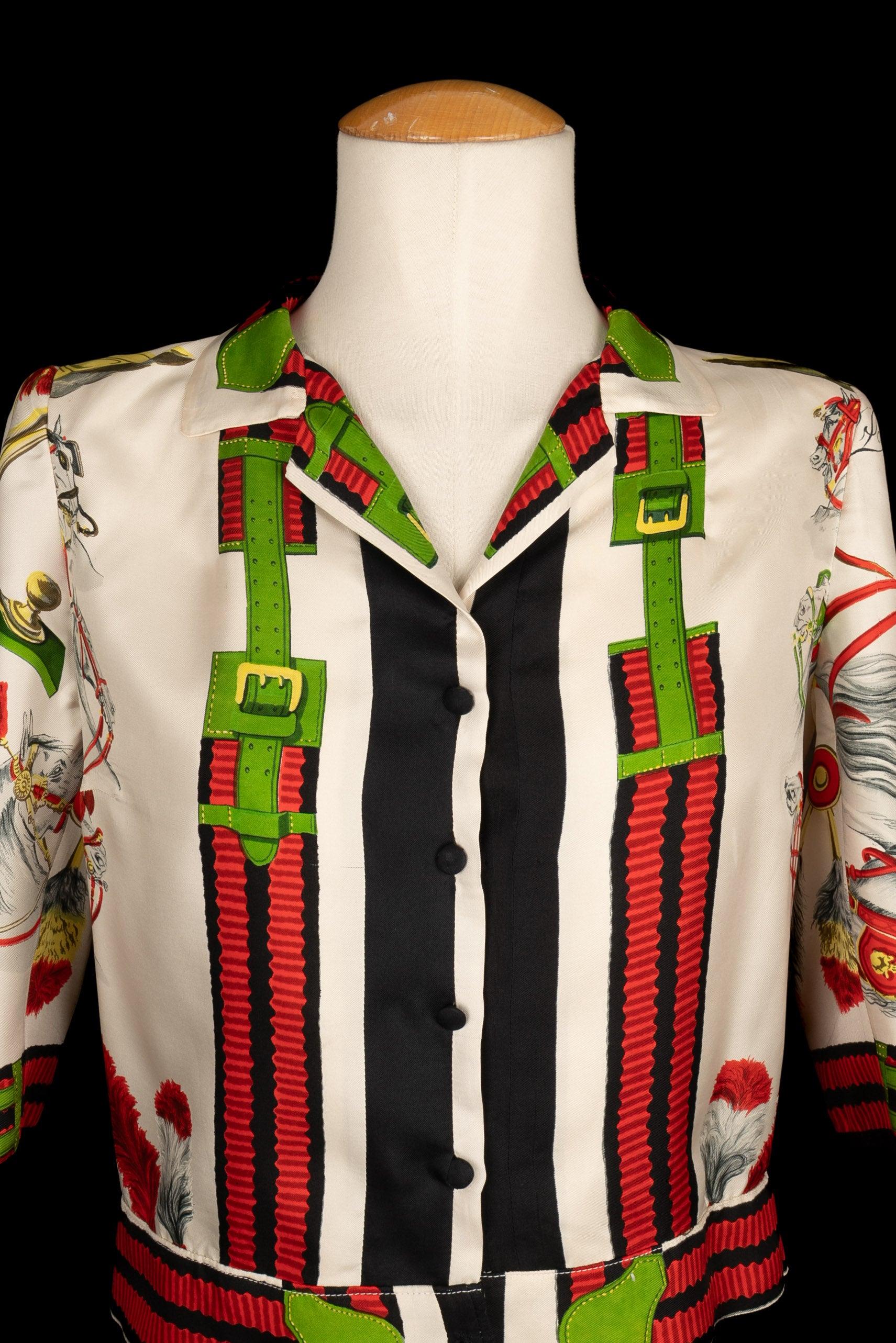 Women's Hermès Silk Blouse Top in Red, Green and White Tones For Sale