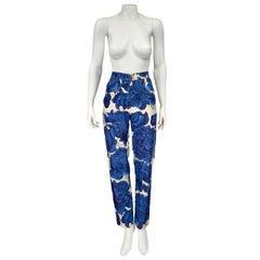 HERMÈS silk blue on white "les pivoines" pants