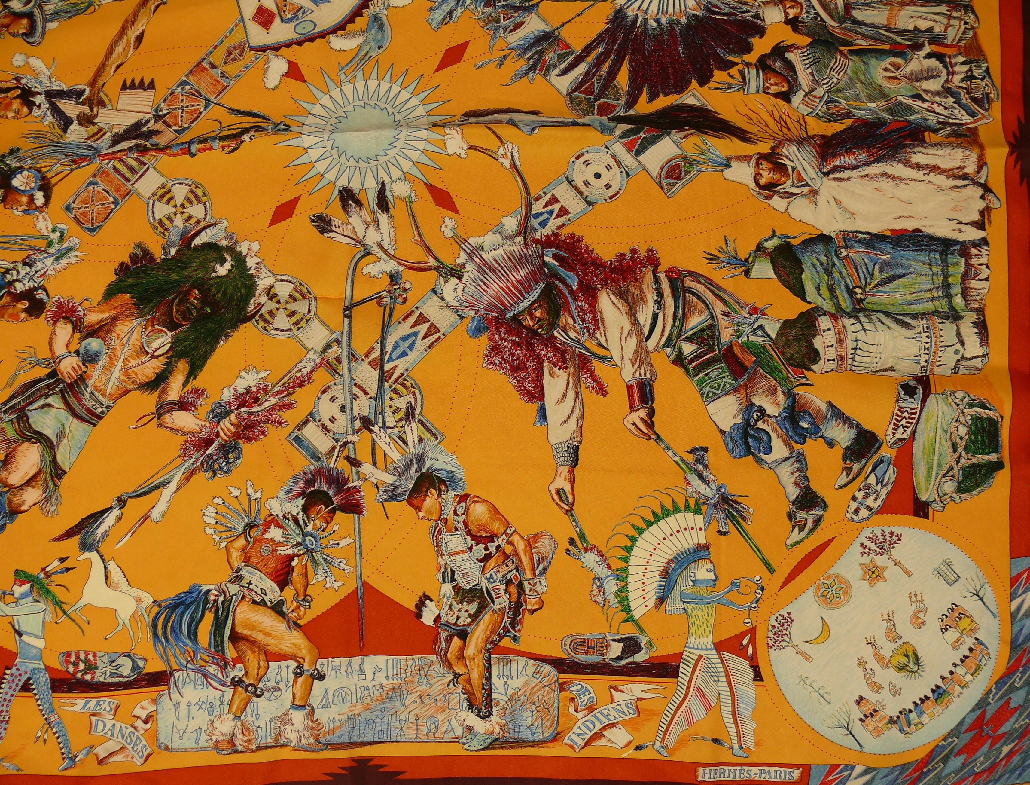 Marron Foulard Carre en soie Hermes Les Danses des Indiens par Kermit Oliver
