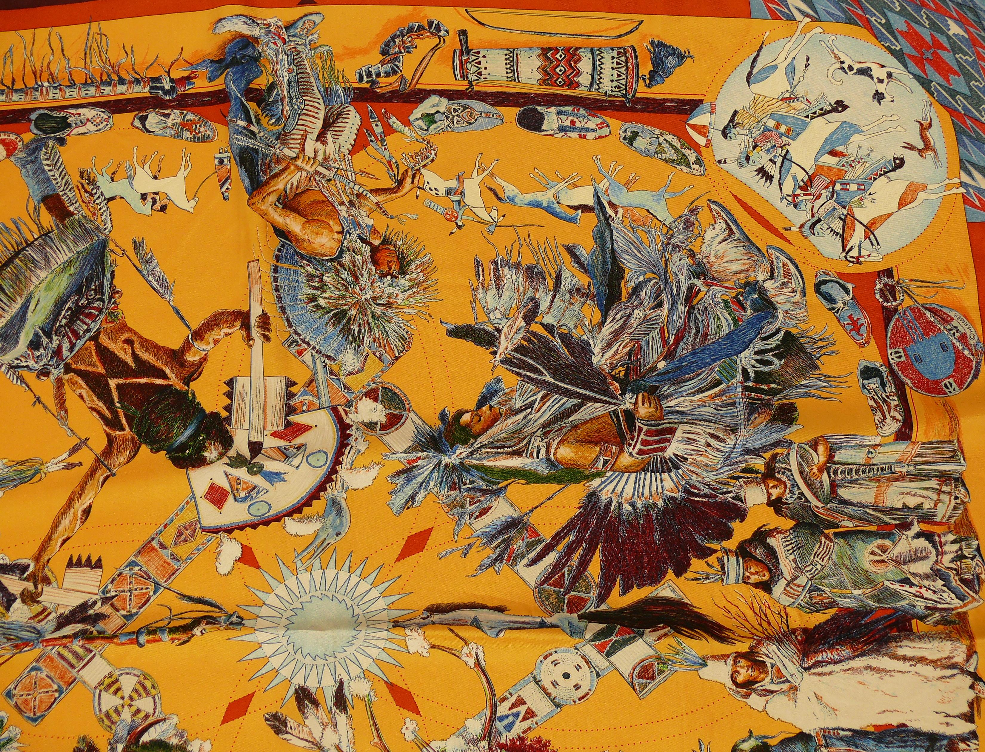 Foulard Carre en soie Hermes Les Danses des Indiens par Kermit Oliver Bon état à Nice, FR