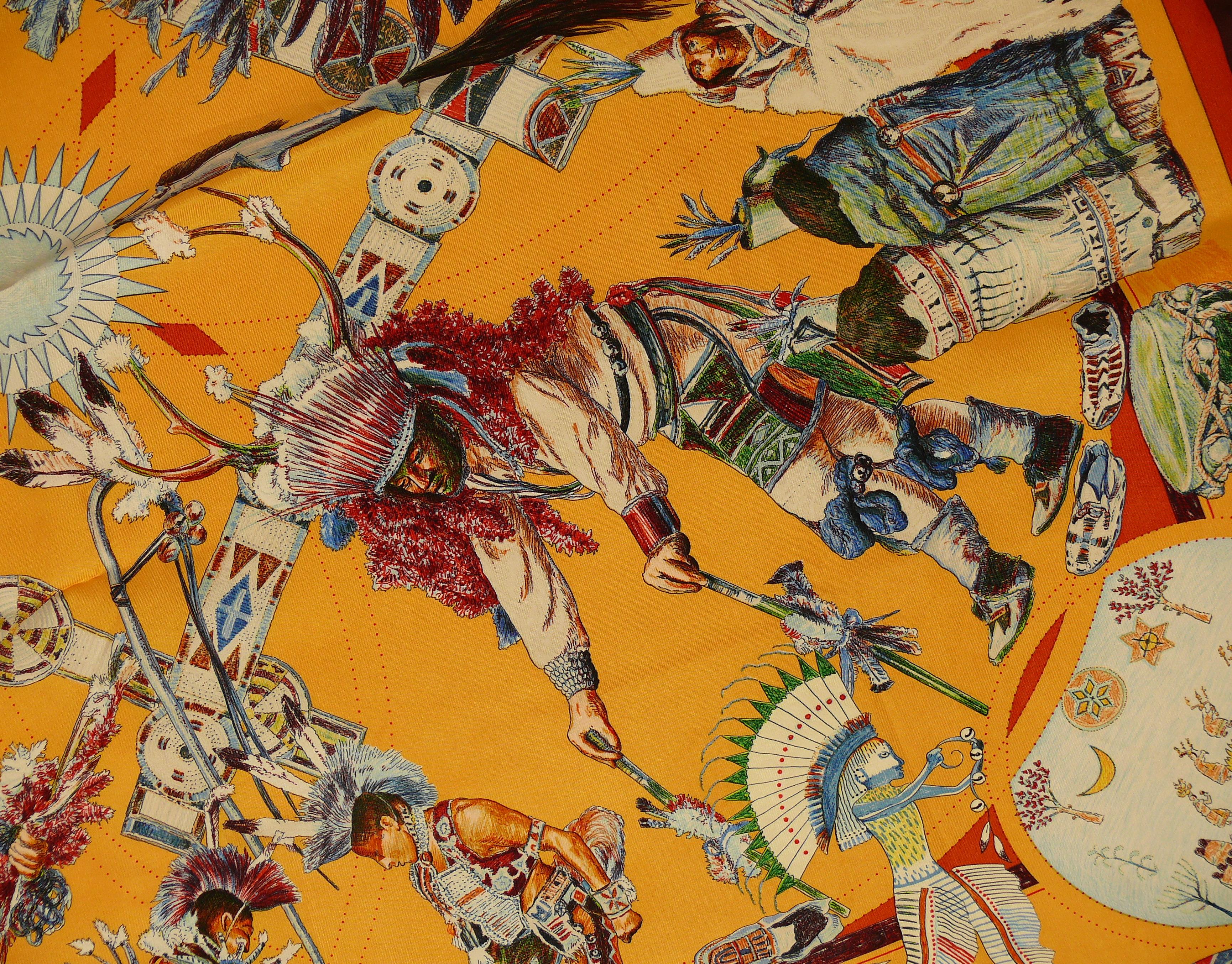 Brown Hermes Silk Carre Scarf Les Danses des Indiens by Kermit Oliver