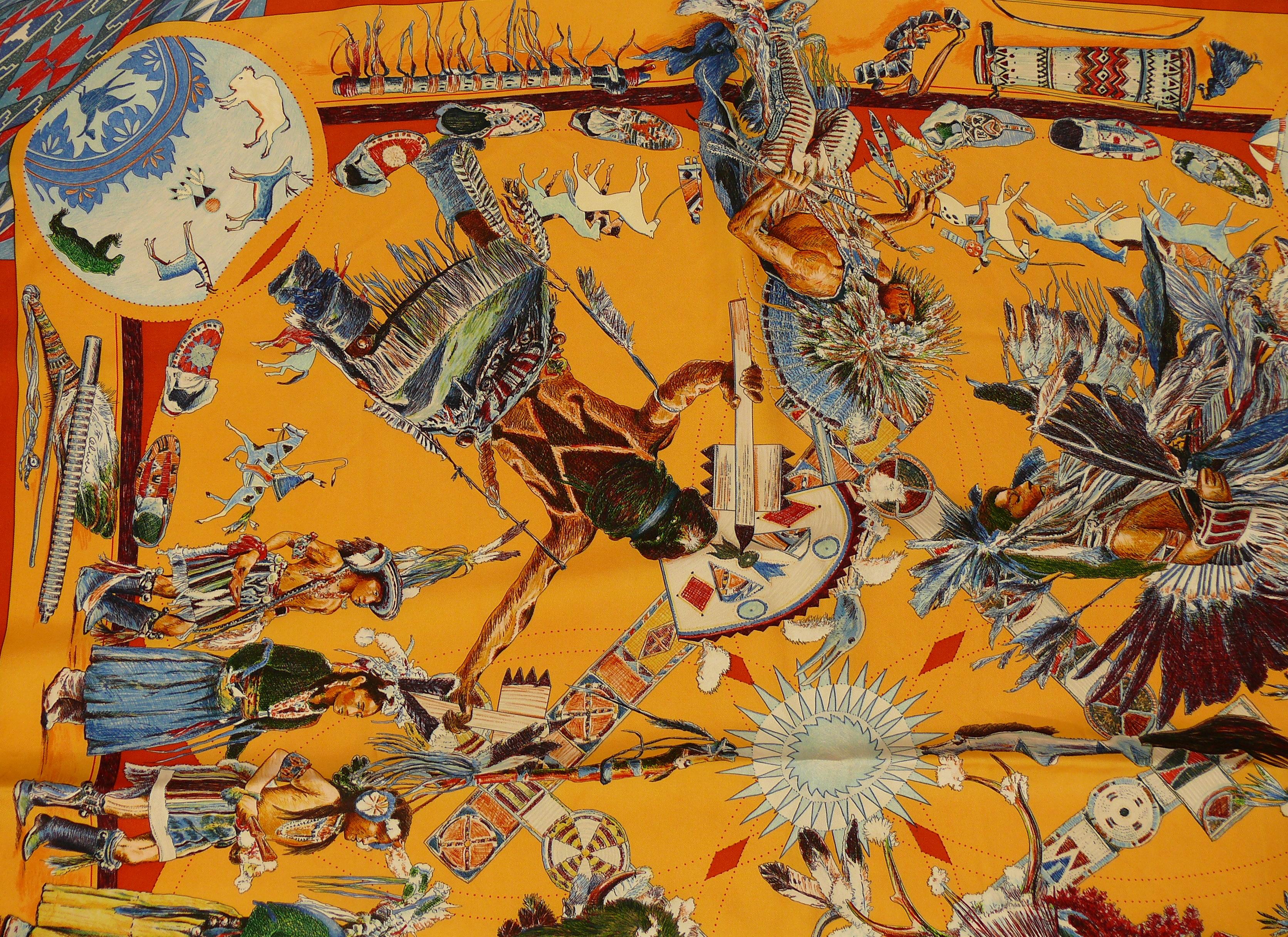 Hermes Silk Carre Scarf Les Danses des Indiens by Kermit Oliver In Good Condition In Nice, FR