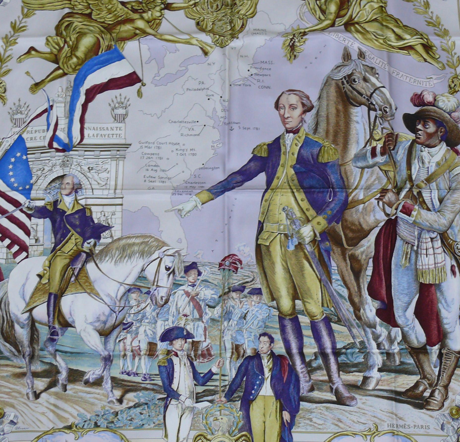 HERMES silk carre scarf MARQUIS DE LAFAYETTE designed by native Texan KERMIT OLIVER.

Composition and care tag still attached.

Marked HERMES PARIS, © HERMES and signed OLIVER.

Indicative measurements : 88 cm x 88 cm (34.65 inches x 34.65