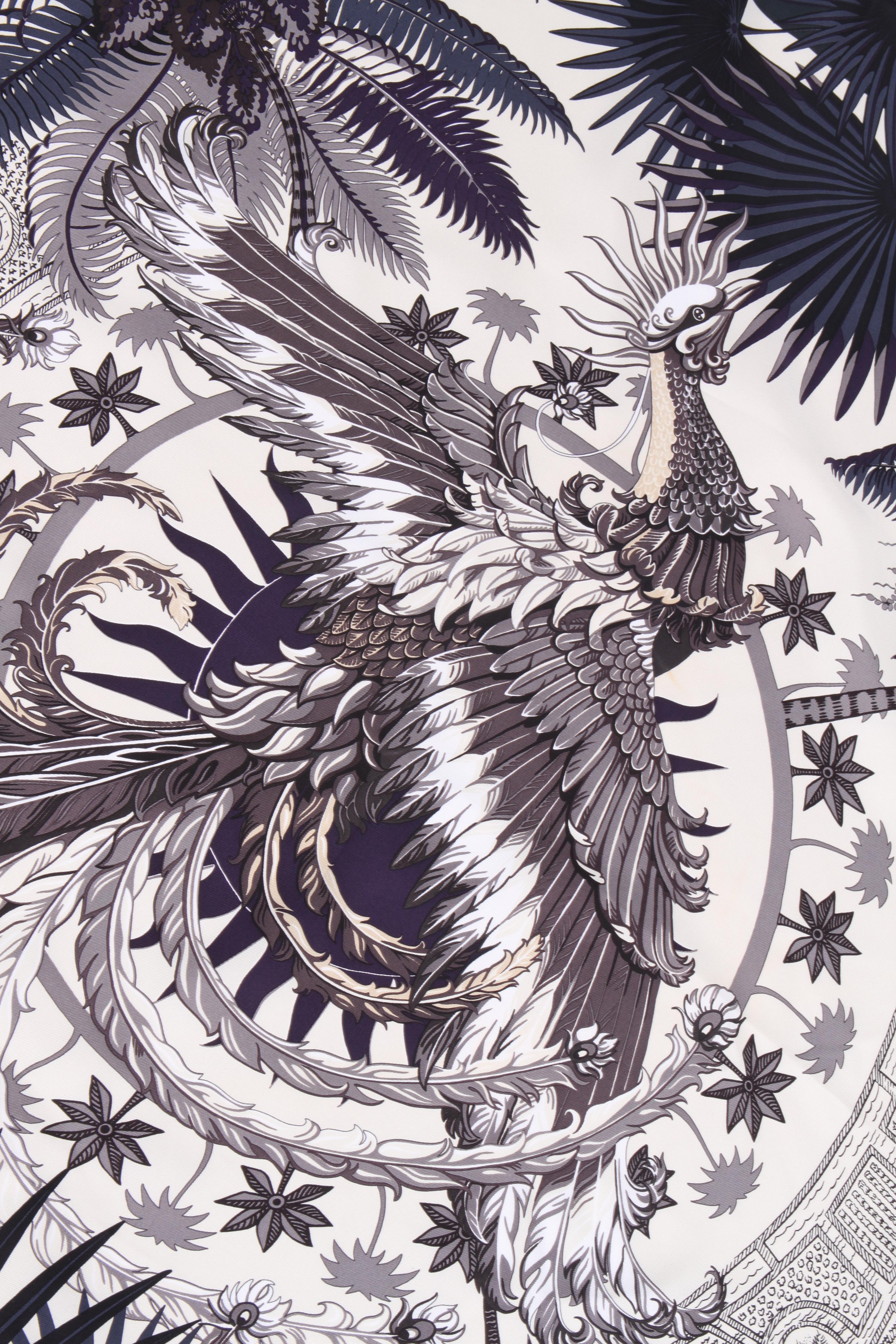 Black Hermes Silk Carre Scarf 'Mythiques Phoenix' - white/grey/purple/green