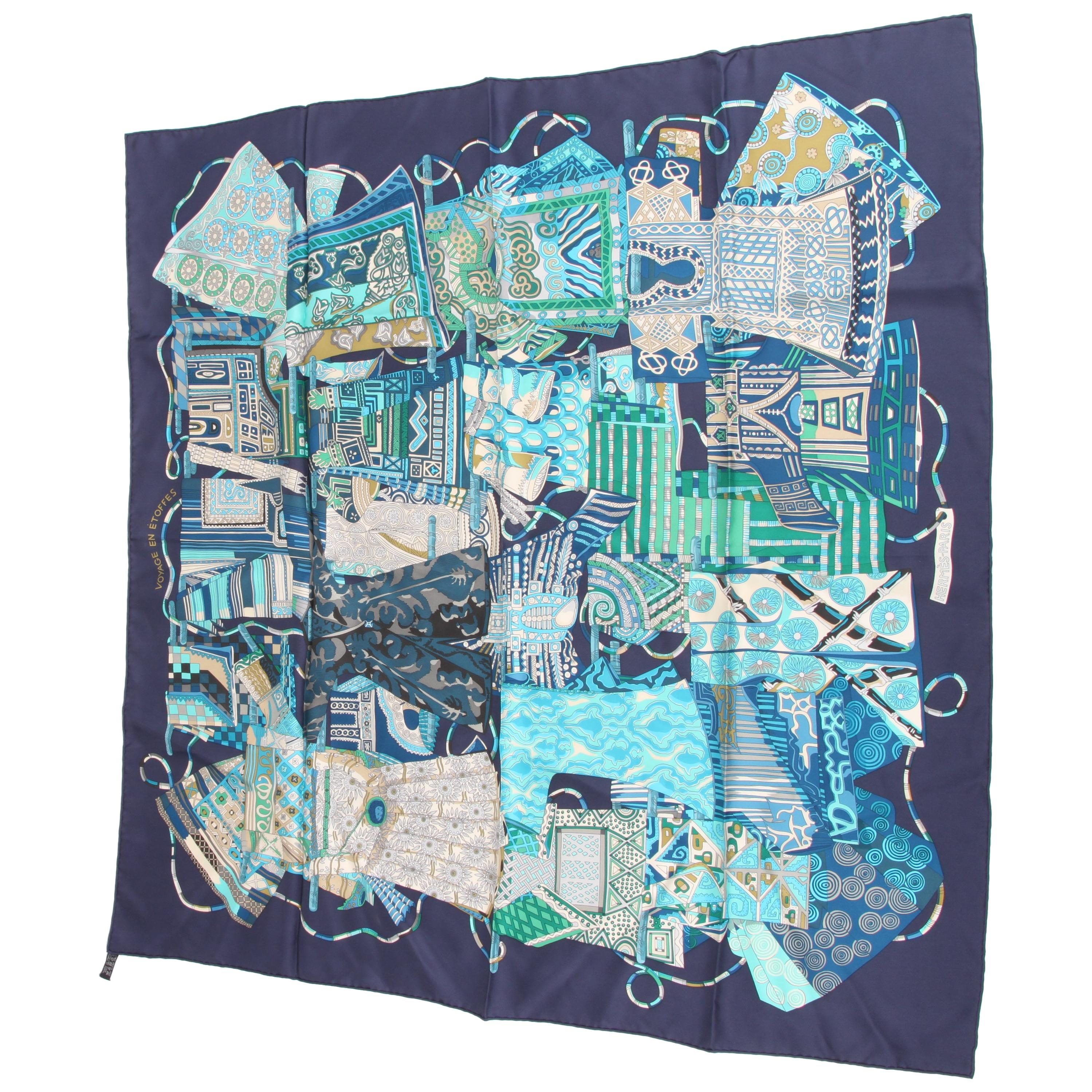 Hermes Silk Carre Scarf 'Voyage en Étoffes'- blue/turquoise/green/white