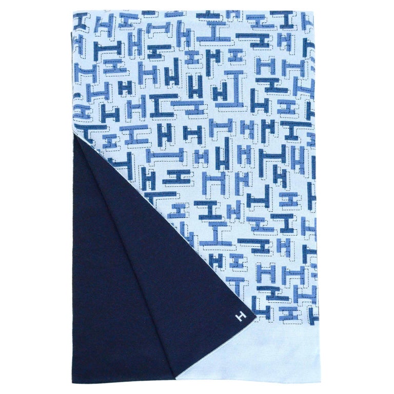 Hermes Silk/Cashmere Blue Printed Aller-Retour H Dedale Muffler Scarf For  Sale at 1stDibs