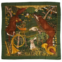 Hermes Silk Chasse Au Bois Green Scarf