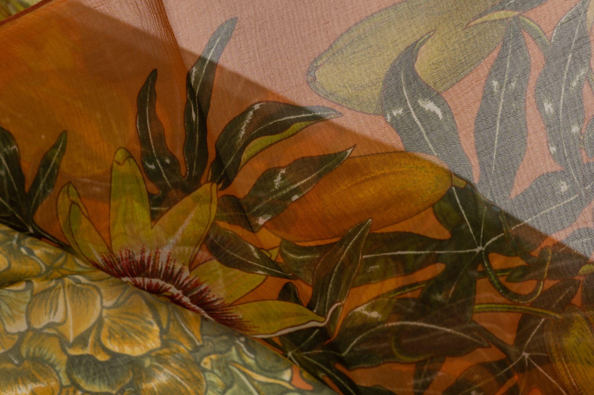 Brown Hermes Silk Chiffon Scarf 'Passiflores' Design  For Sale
