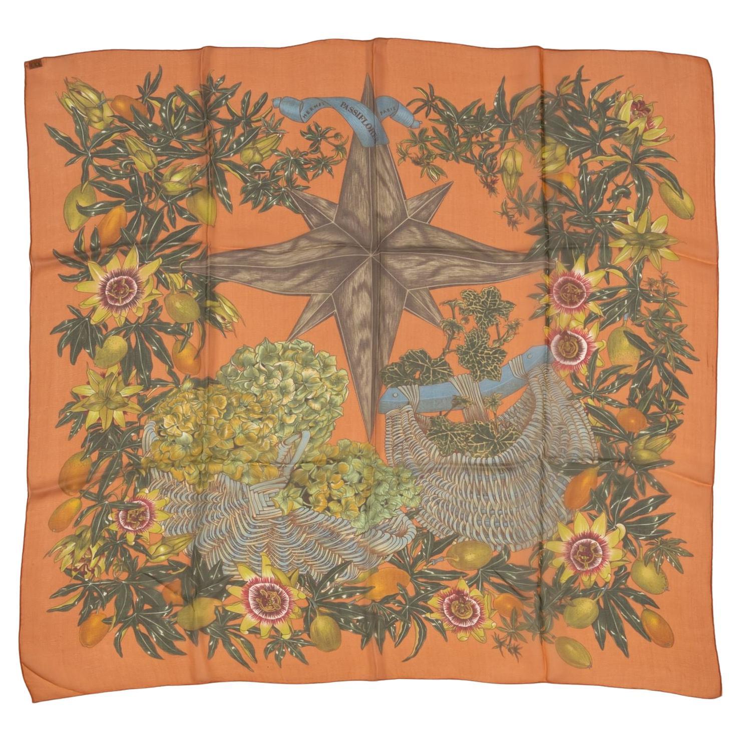 Hermes Silk Chiffon Scarf 'Passiflores' Design  For Sale