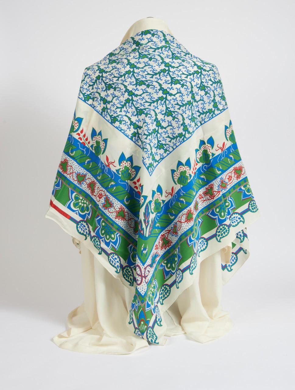 Hermès silk chiffon shawl in blue, white, and green. Hand-rolled hem.
