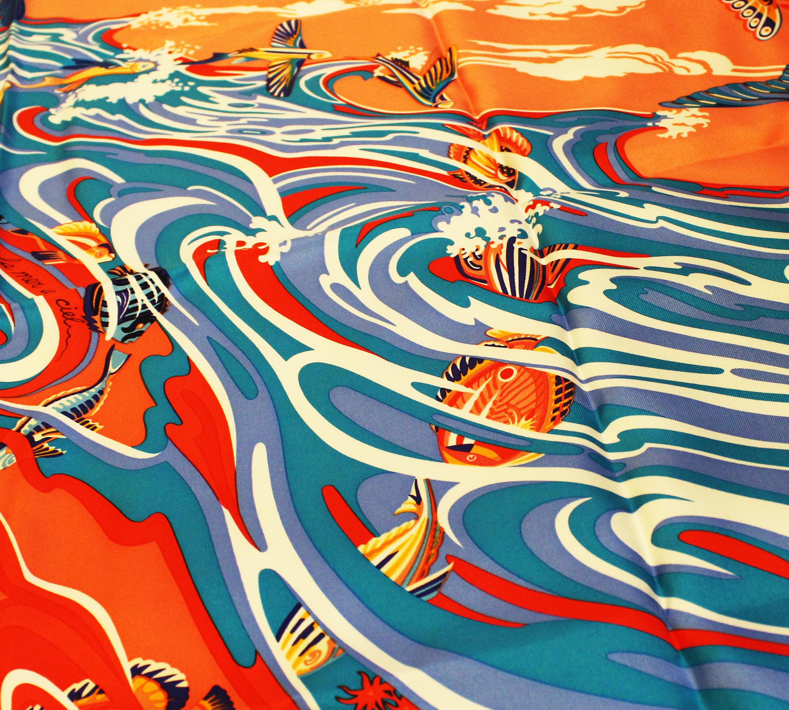 Orange Hermes Silk De La Mer Au Ciel Scarf By Toutsy Bourthoumieux  Created in 2014