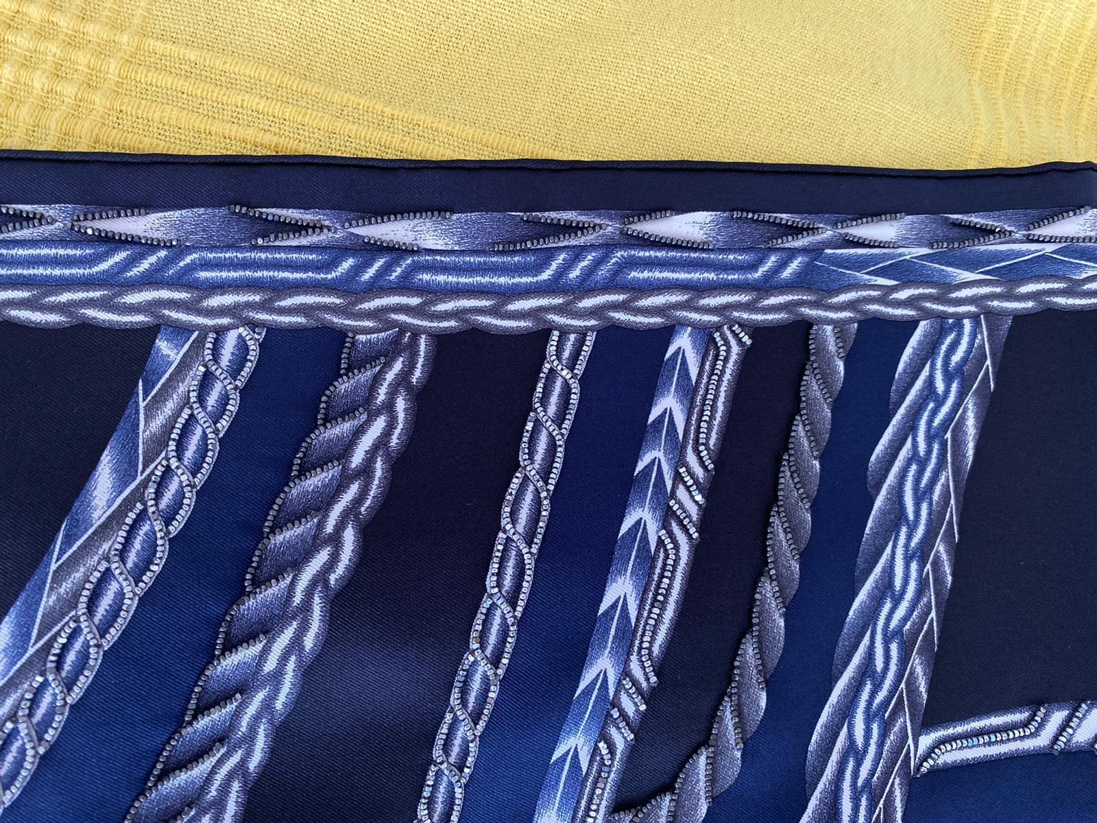 Hermès Silk Embroidered Scarf Robe du Soir Marine Blanc Manlik 2018 90 cm GRAIL 5