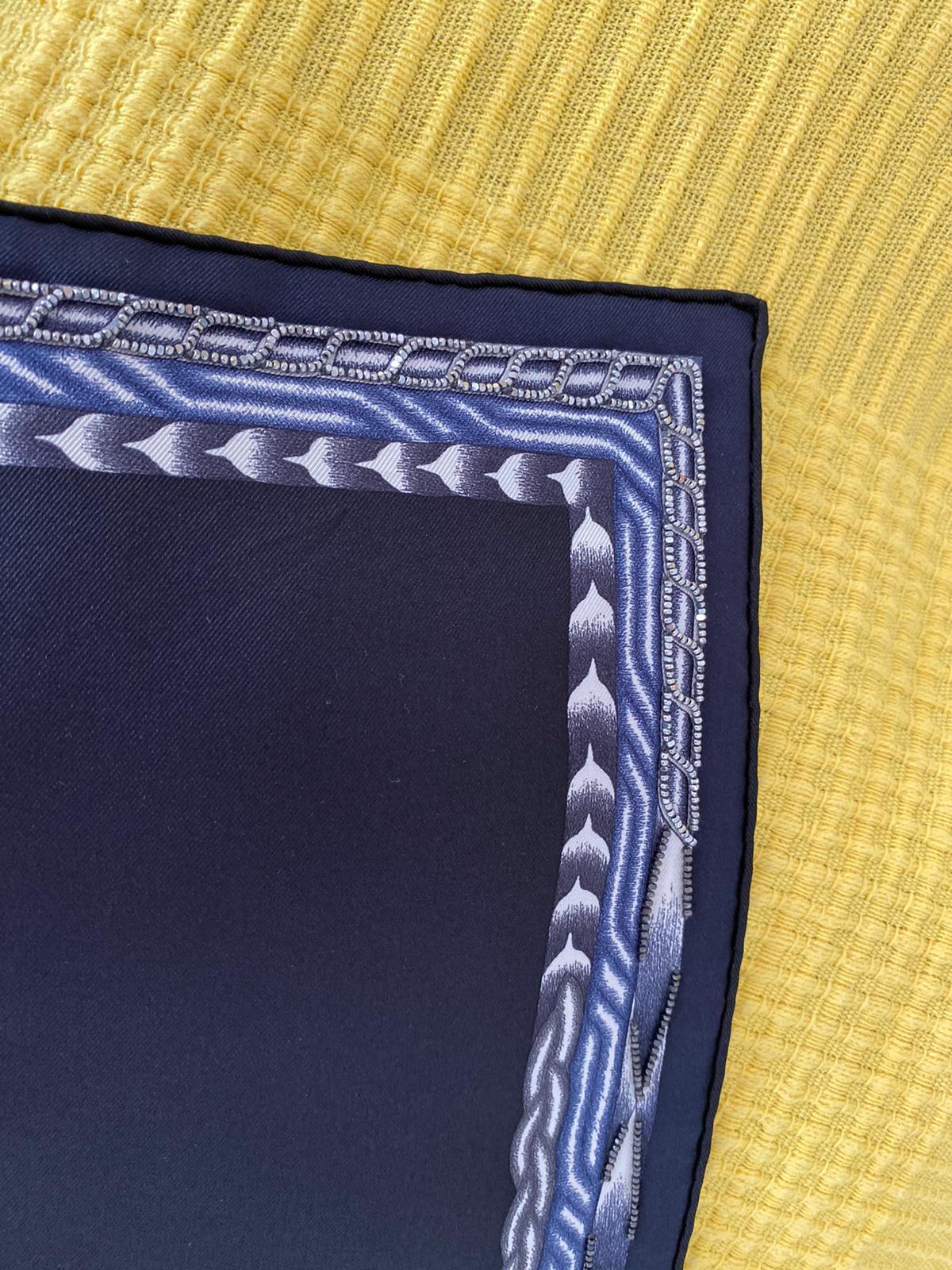 Hermès Silk Embroidered Scarf Robe du Soir Marine Blanc Manlik 2018 90 cm GRAIL 6