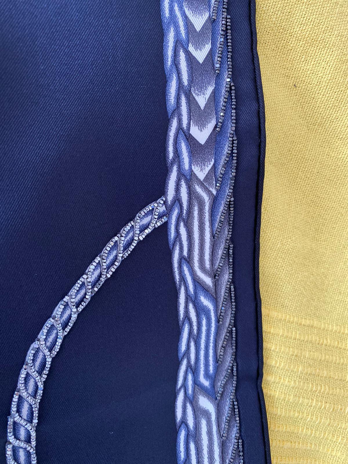 Hermès Silk Embroidered Scarf Robe du Soir Marine Blanc Manlik 2018 90 cm GRAIL 9