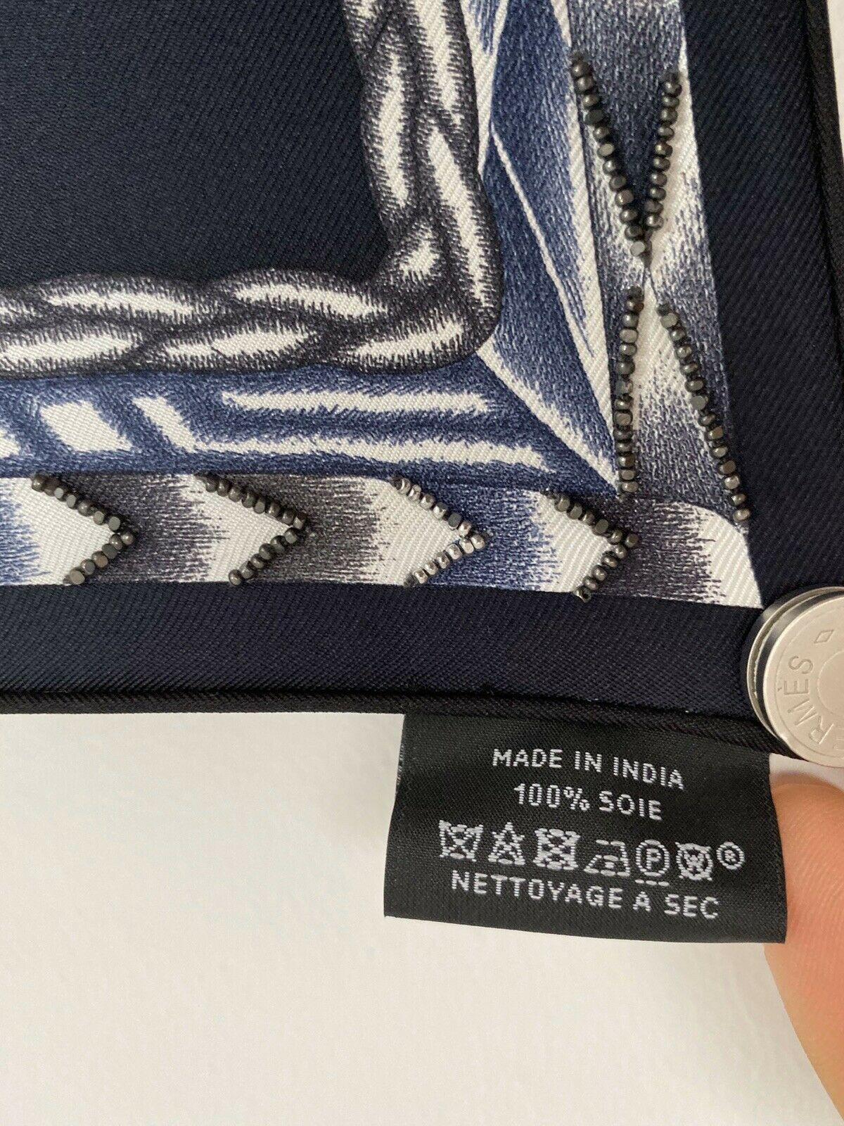 Black Hermès Silk Embroidered Scarf Robe du Soir Marine Blanc Manlik 2018 90 cm GRAIL