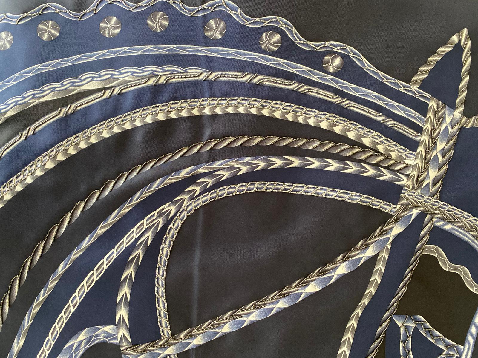 Women's or Men's Hermès Silk Embroidered Scarf Robe du Soir Marine Blanc Manlik 2018 90 cm GRAIL