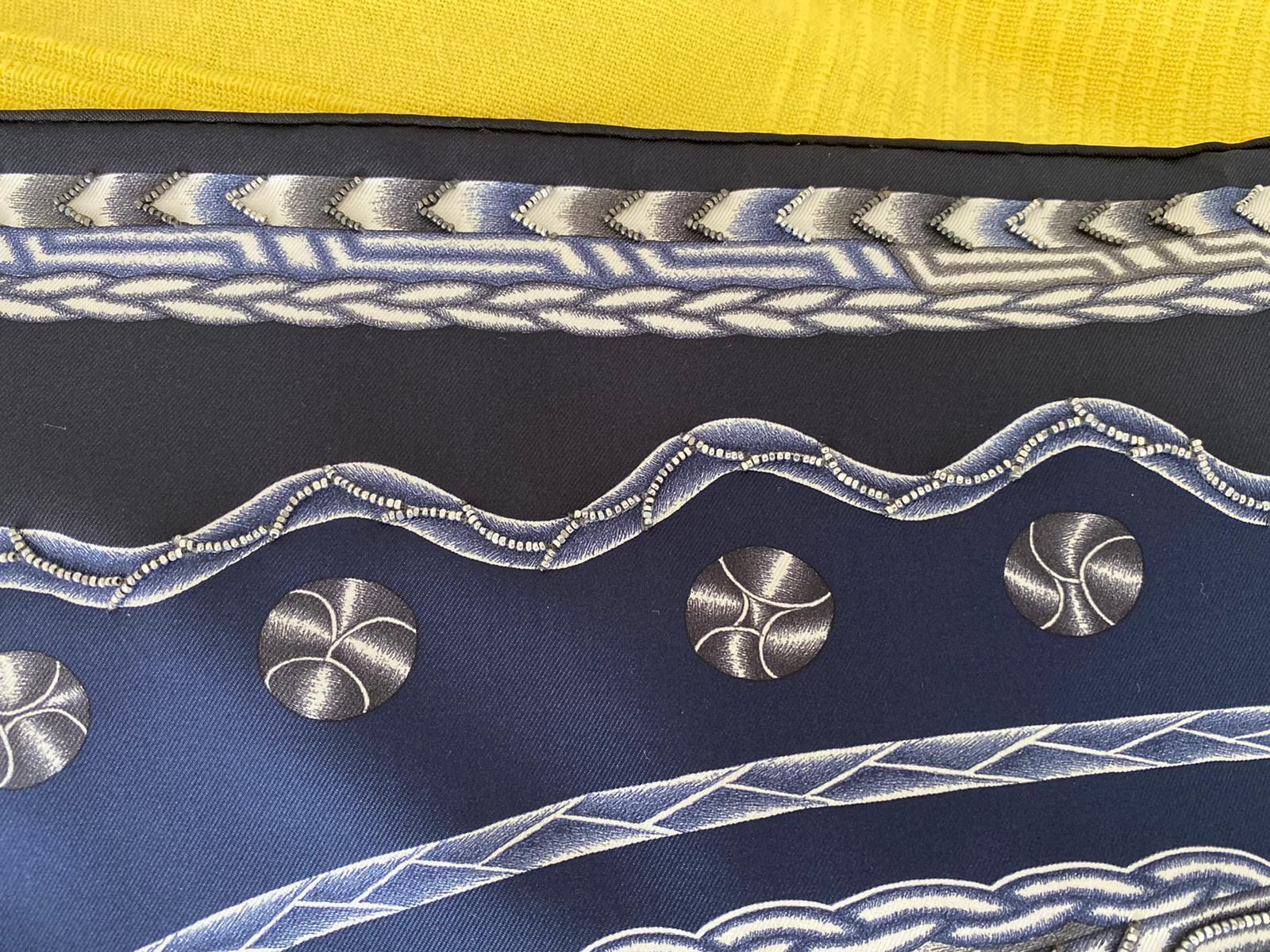 Hermès Silk Embroidered Scarf Robe du Soir Marine Blanc Manlik 2018 90 cm GRAIL 3