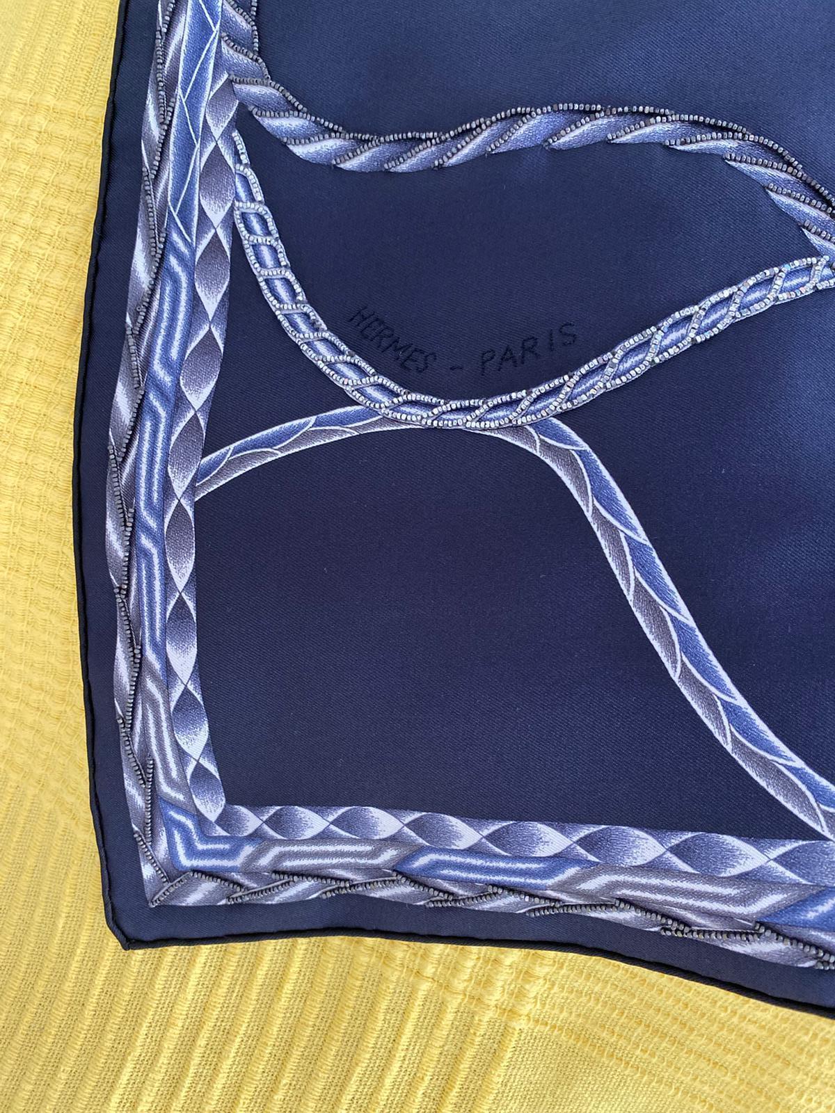 Hermès Silk Embroidered Scarf Robe du Soir Marine Blanc Manlik 2018 90 cm GRAIL 4