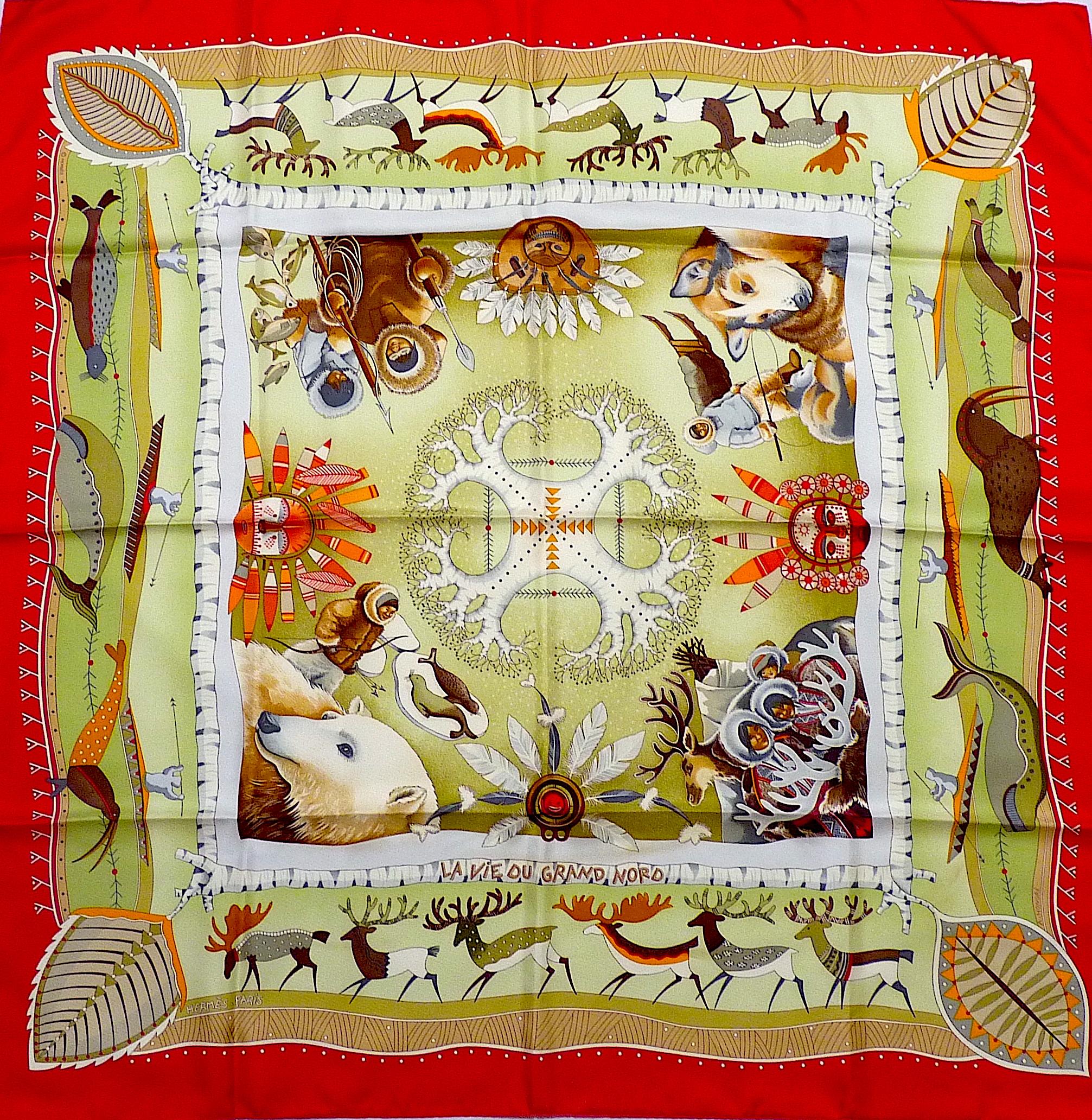 Beige Hermes Soie EXCELLENT ETAT avec Boîte La Vie du Grand Nord