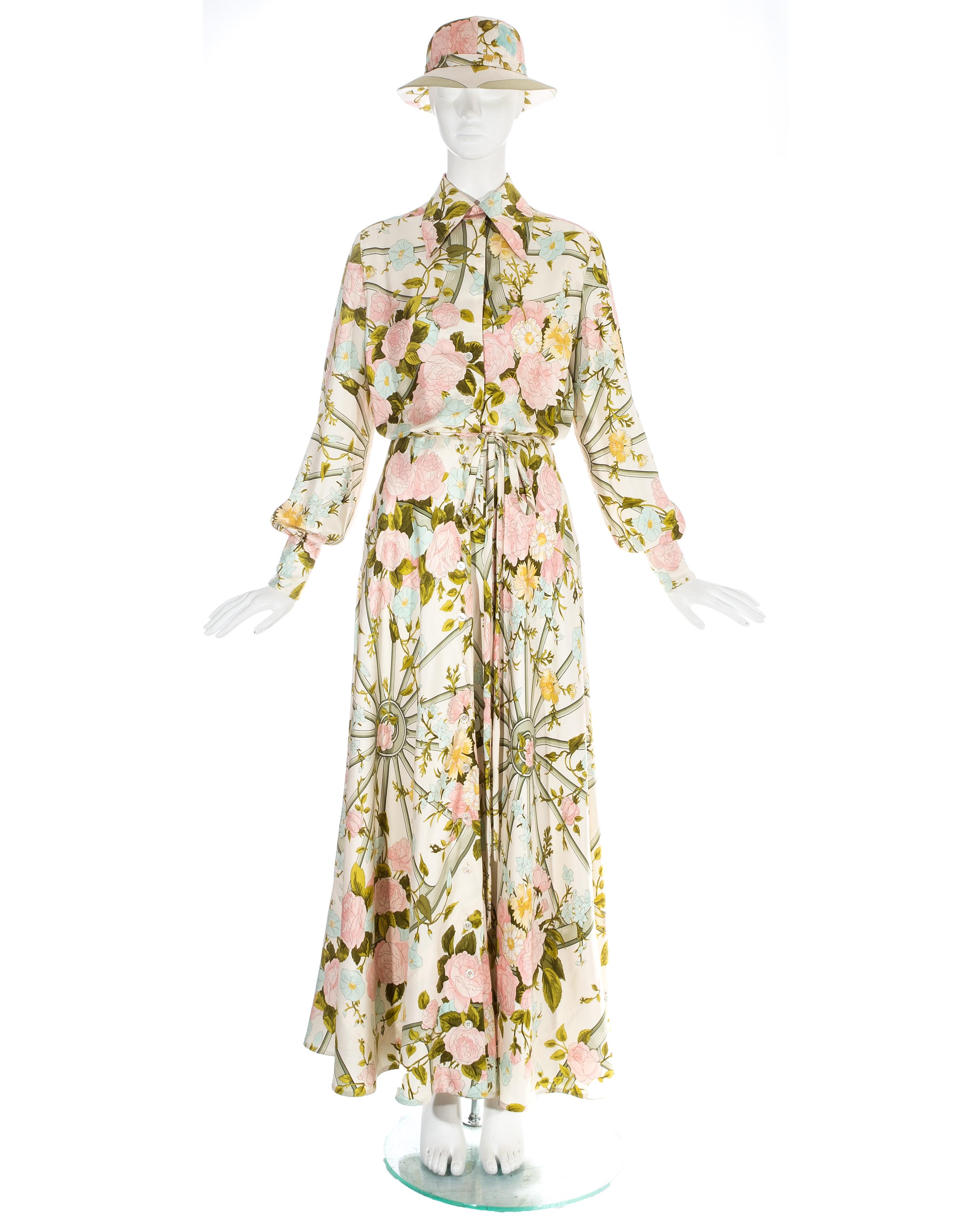 Silk floral maxi shirt dress with matching sunhat

- Button fastenings throughout  
- Bishop sleeves 
- Internal waist stay  
- 'Romantique' floral print

c. 1970s
