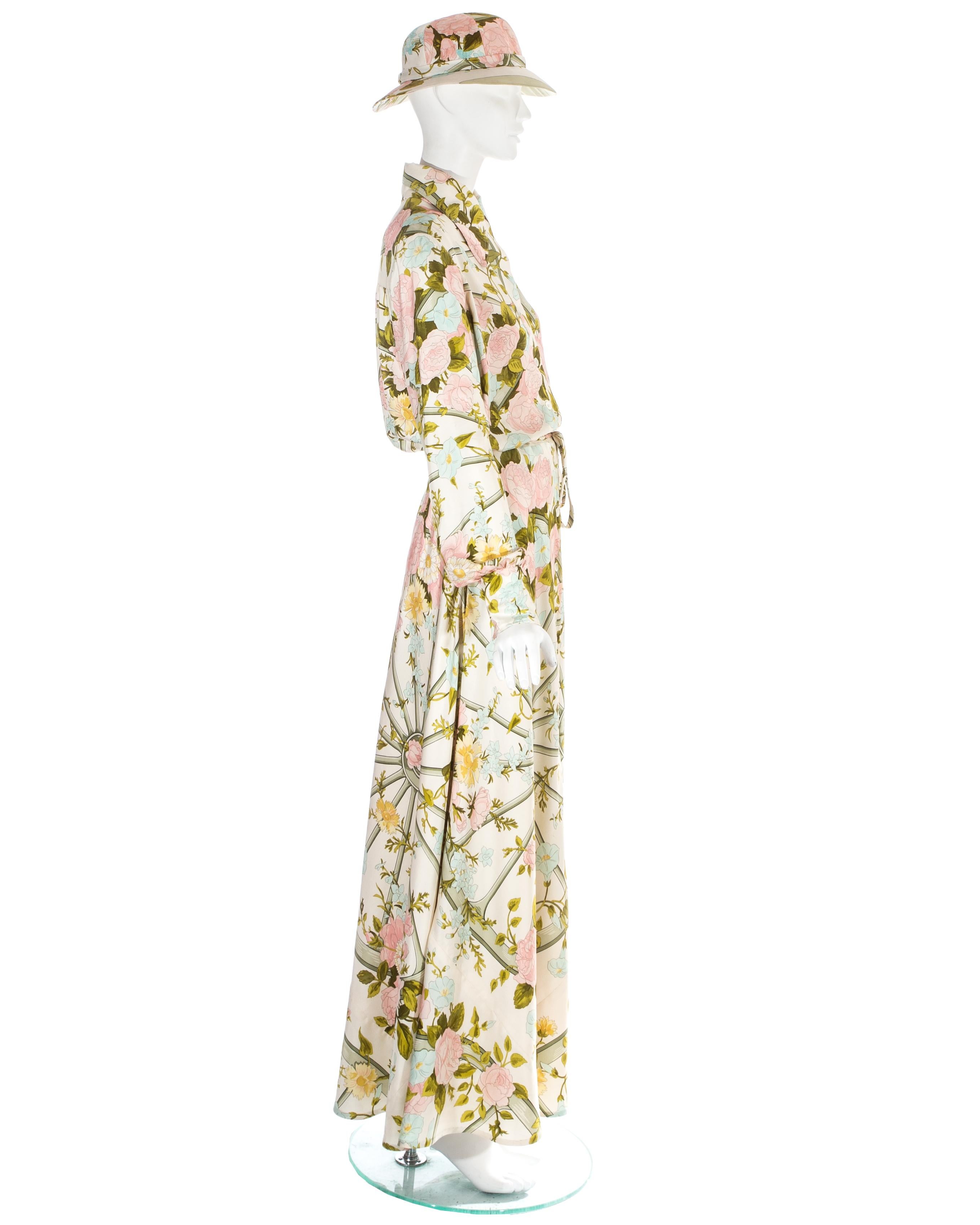 Beige Hermes silk floral maxi shirt dress with matching sunhat, c. 1970s For Sale