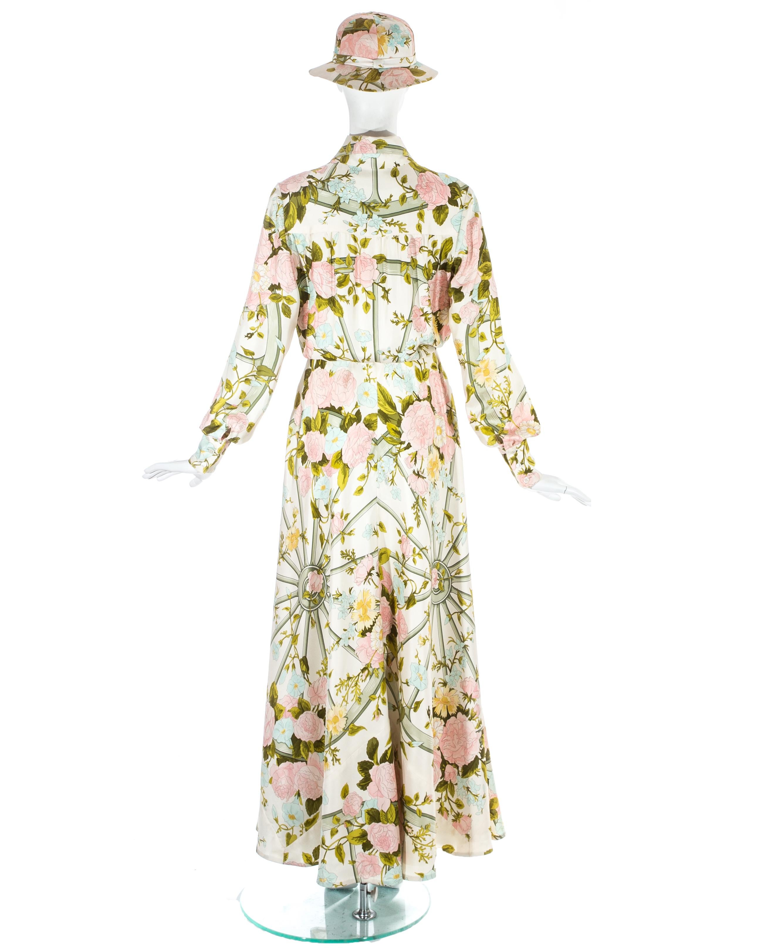 Hermes silk floral maxi shirt dress with matching sunhat, c. 1970s In Excellent Condition For Sale In London, GB