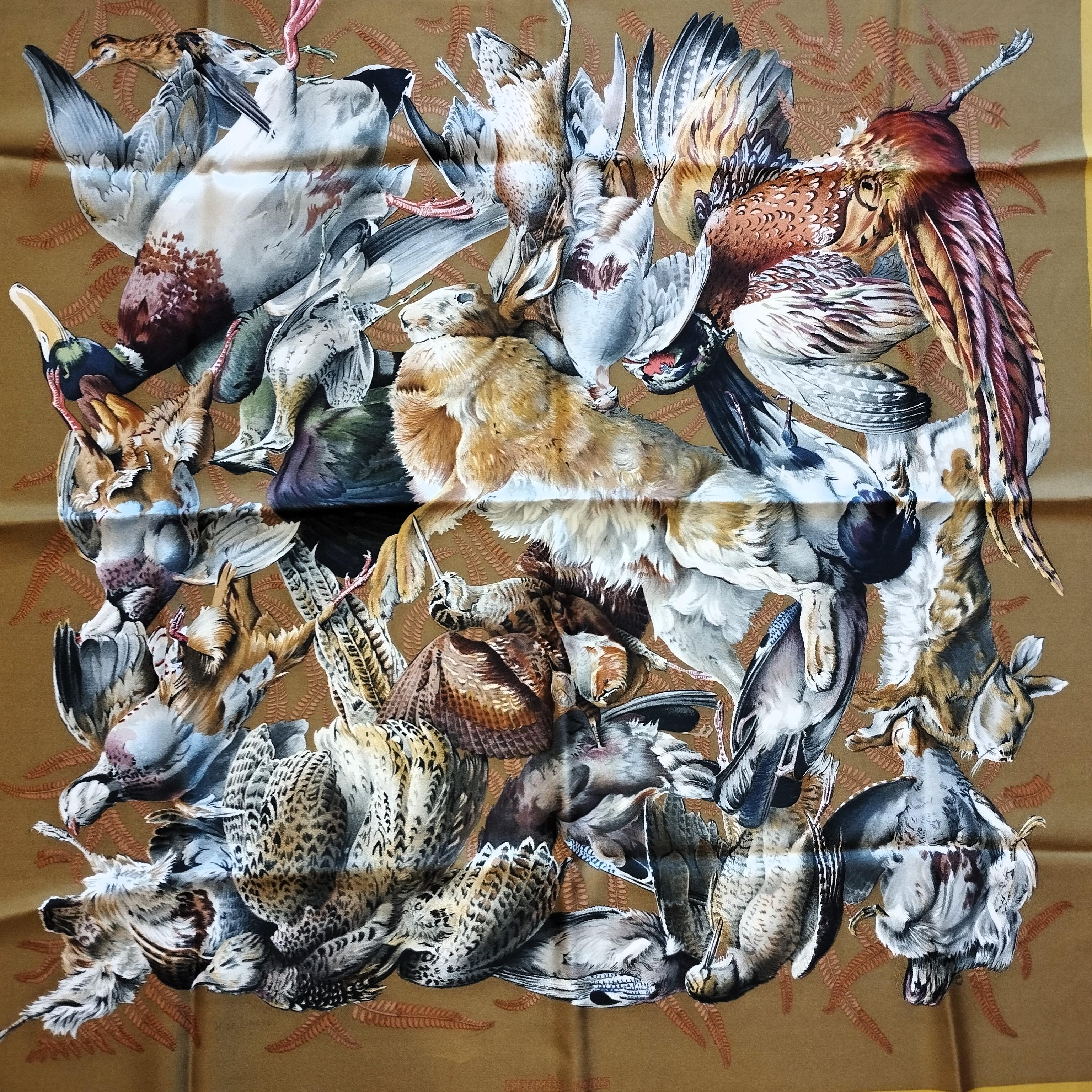 Beautiful and rare scarf from Hermès
100% Silk
Designer : Henri de Linares
Original design of 1962
Hunting game print
Mustard colors
Cm 90 x 90  (35,4 x 35,4 inches)
Worldwide express shipping included in the price !