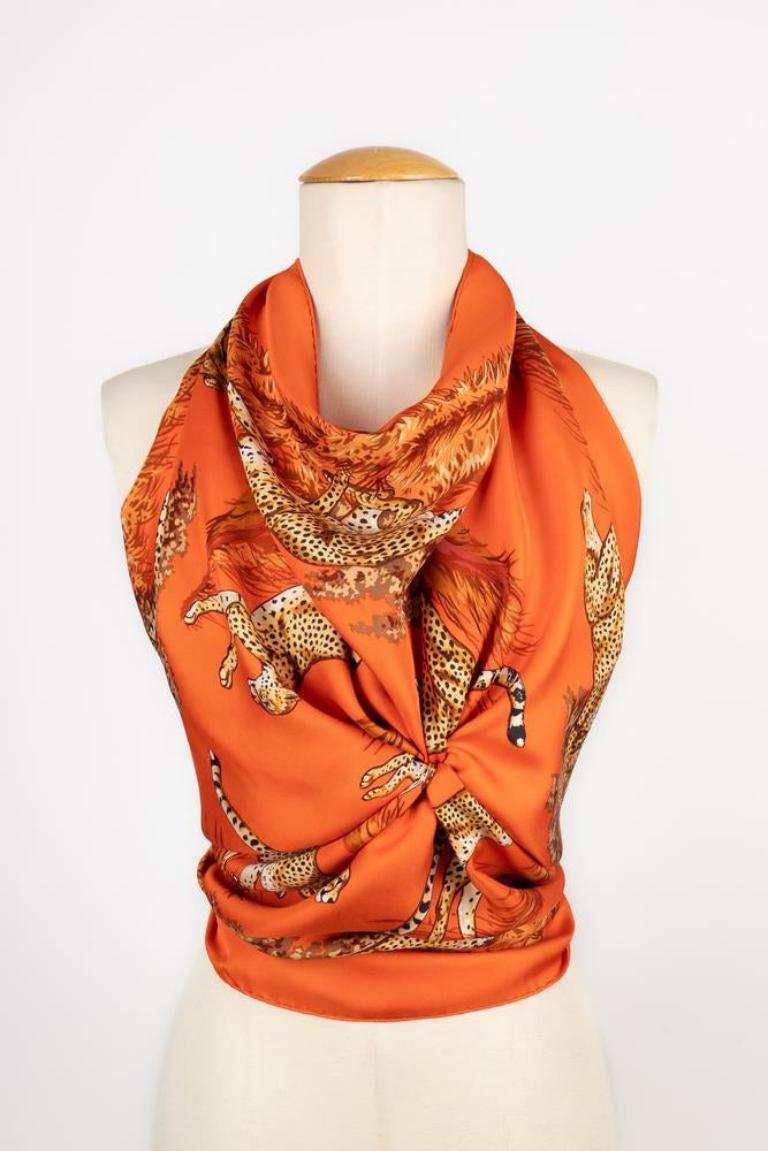 Orange Hermès Silk Foulard Illustrated with the 'Cheetahs' Theme, 2007