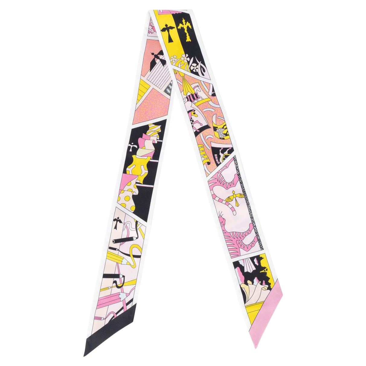 HERMES silk HERMES FACTORY SUITE Twilly Scarf Noir Rose Jaune For Sale