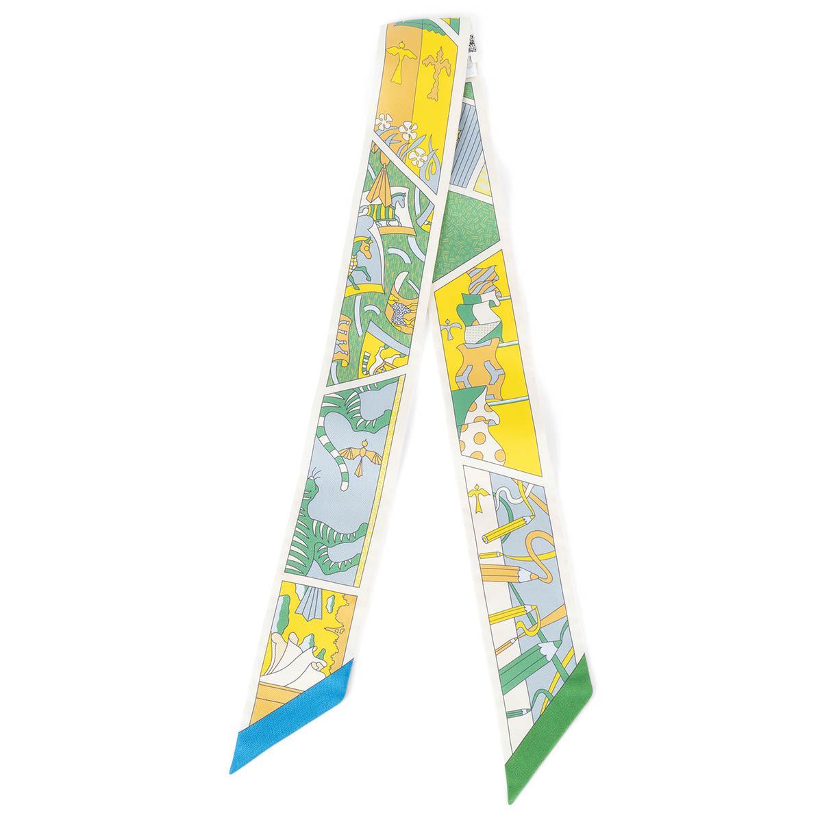 100% authentic Hermès Hermes Factory Suite twilly scarf in cream silk twill (100%) with details in green, yellow, tan and blue. Brand new with tag and box.

Measurements
Width	5cm (2in)
Length	86cm (33.5in)

All our listings include only the listed