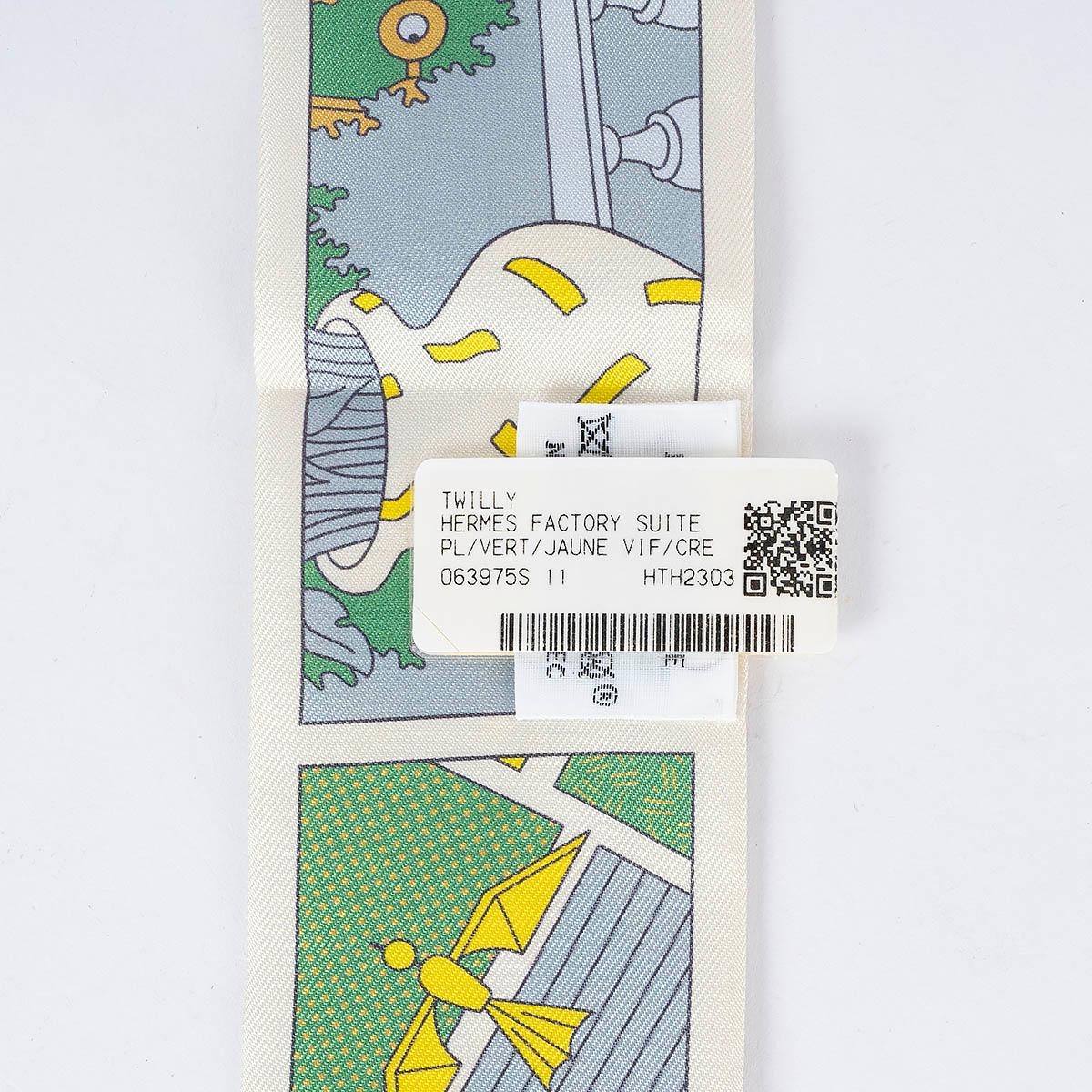 HERMES silk HERMES FACTORY SUITE Twilly Scarf Vert Jaune Vif Creme In New Condition In Zürich, CH