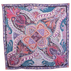 HERMES silk JARDIN DE LA MAHARANI 90 Twill Scarf Marine Parme Mauve