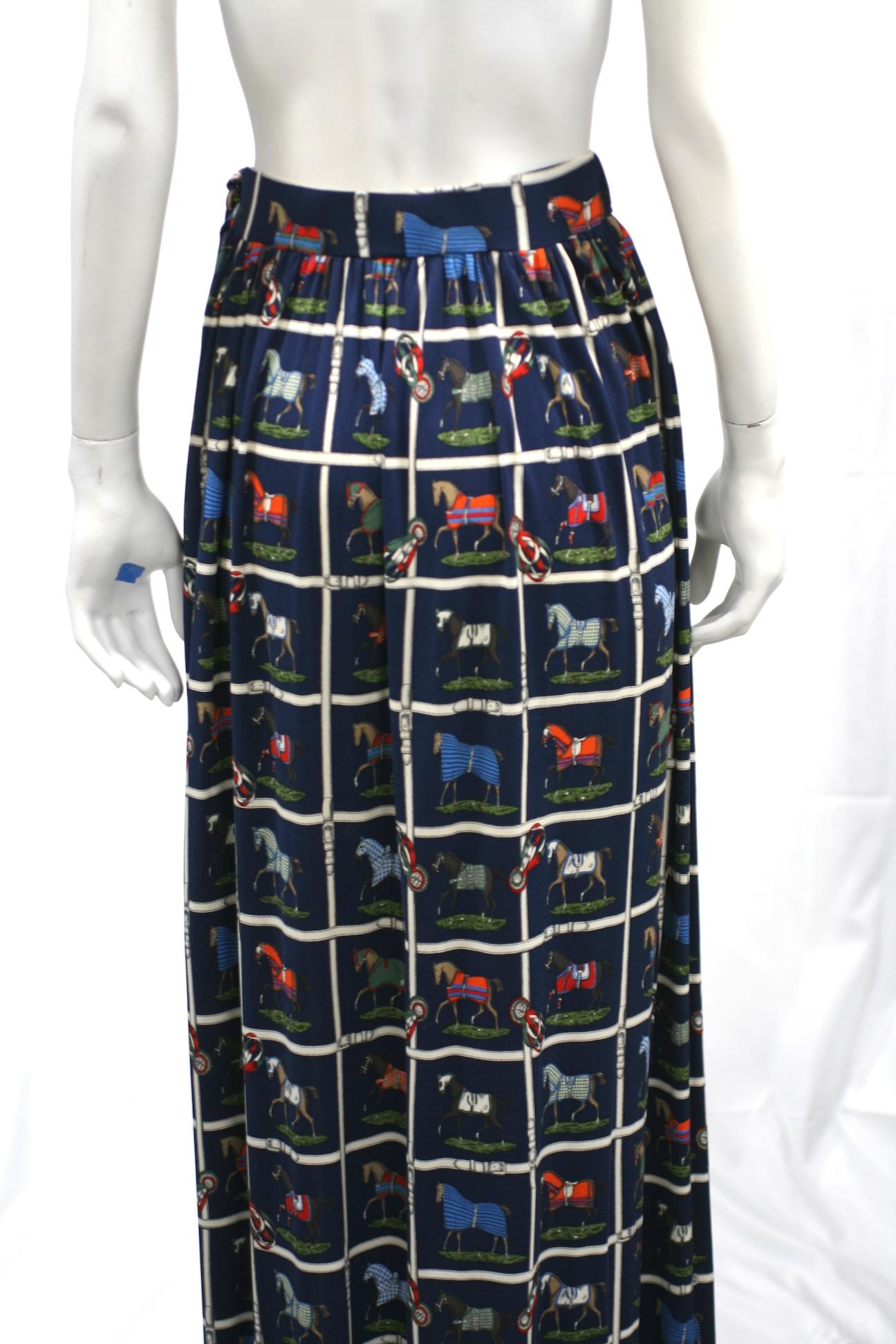 Black Hermes Silk Jersey Horse Print Skirt For Sale