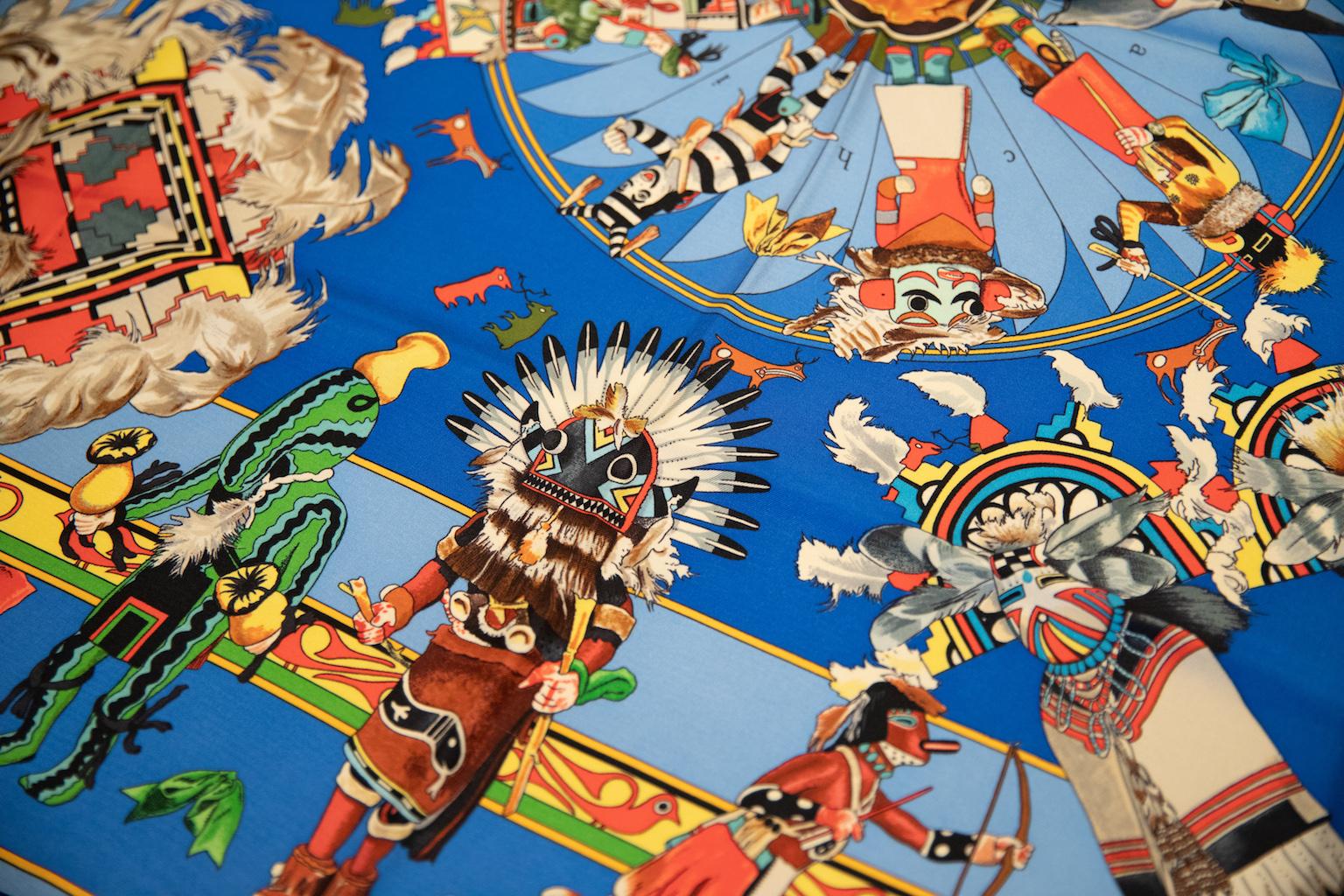 Women's Hermes  Silk Kachinas Blue Turquoise Scarf For Sale
