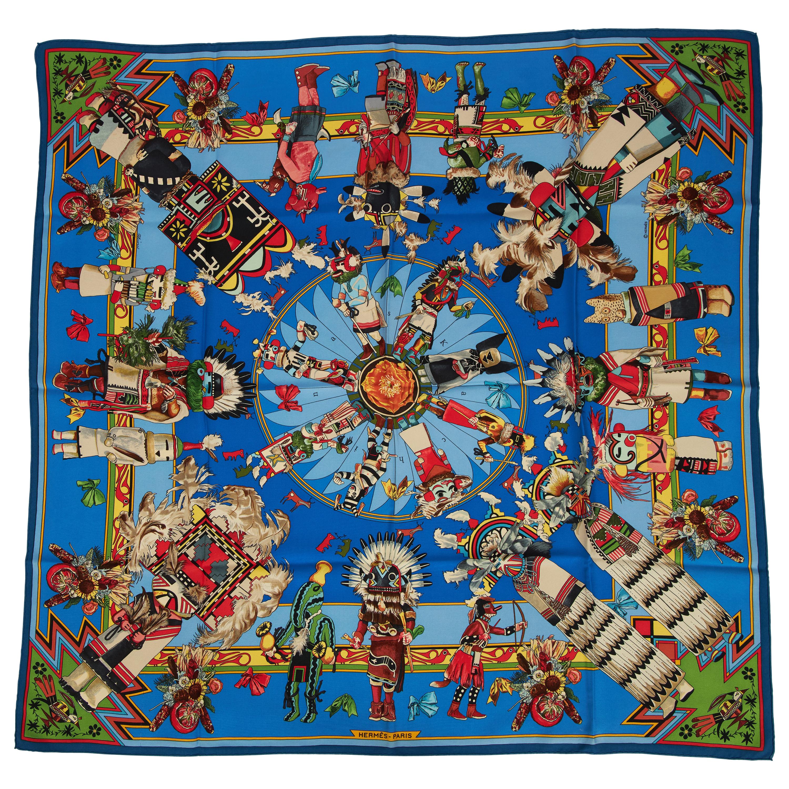 Hermes  Silk Kachinas Blue Turquoise Scarf For Sale