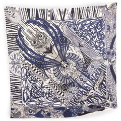 HERMES silk KAWA ORA 90 Twill Scarf Ivory Marine Noir