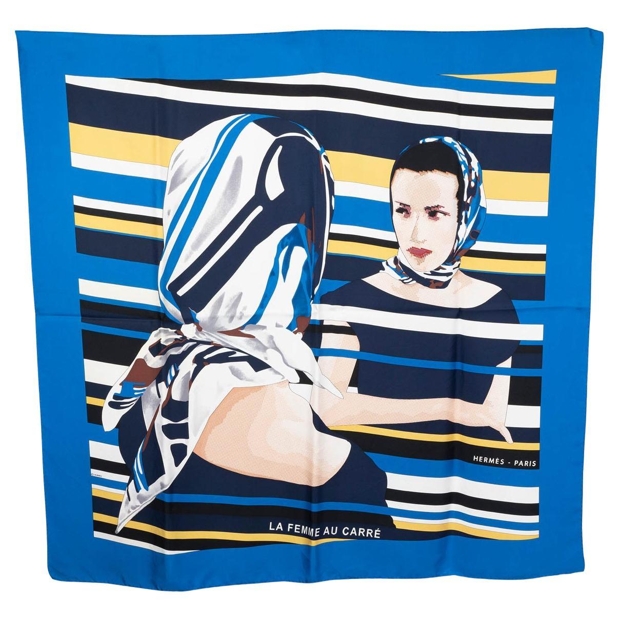 HERMES silk LA FEMME AU CARRE 90 Twill Scarf blue