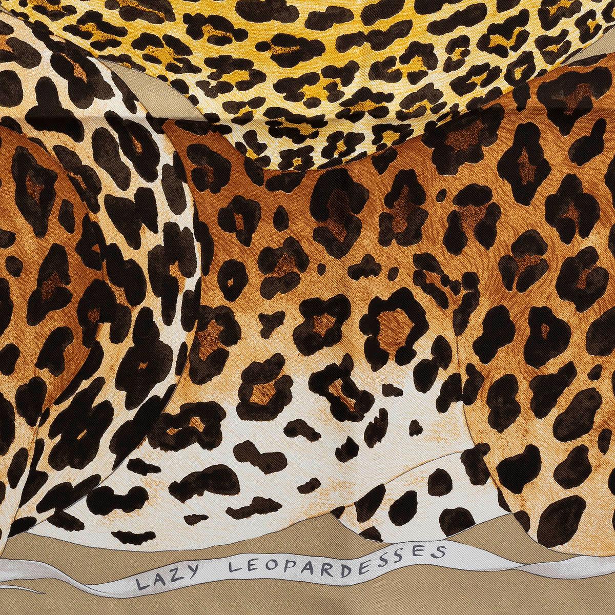 100% authentic Hermès Lazy Leopardesses 90 scarf by Arlette Ess in sage green silk twill (100%) with details in grey, beige, dark brown and honey brown. Has been worn and is in excellent condition.

Measurements
Width	90cm (35.1in)
Length	90cm