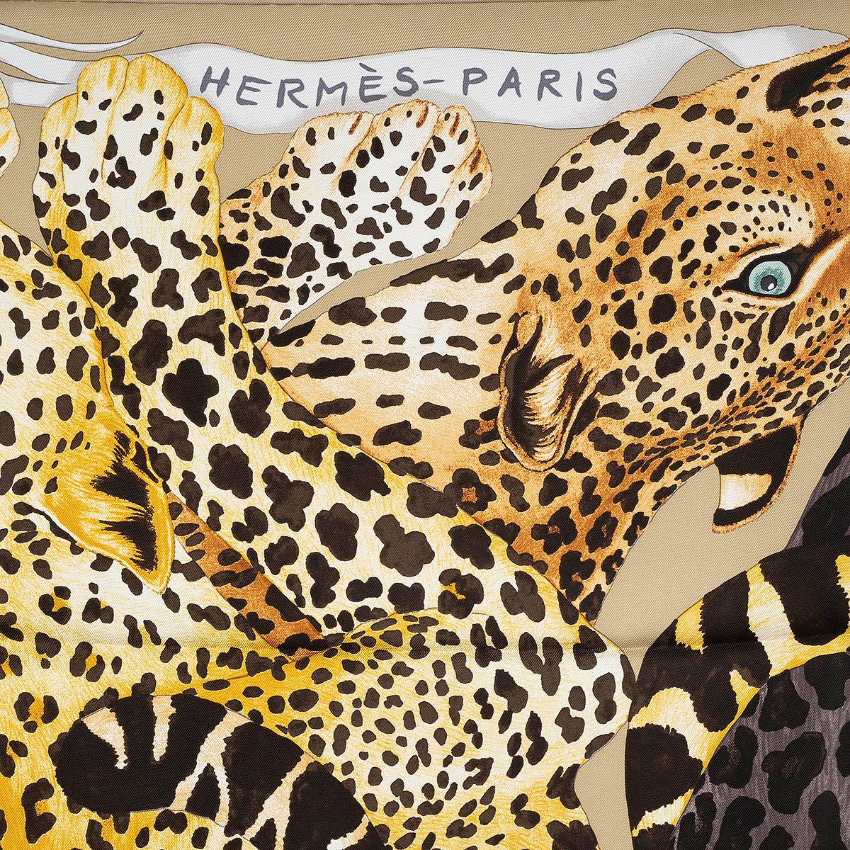 HERMES silk LAZY LEOPARDESSES 90 Scarf Camel Anthracite Fauve In Excellent Condition In Zürich, CH