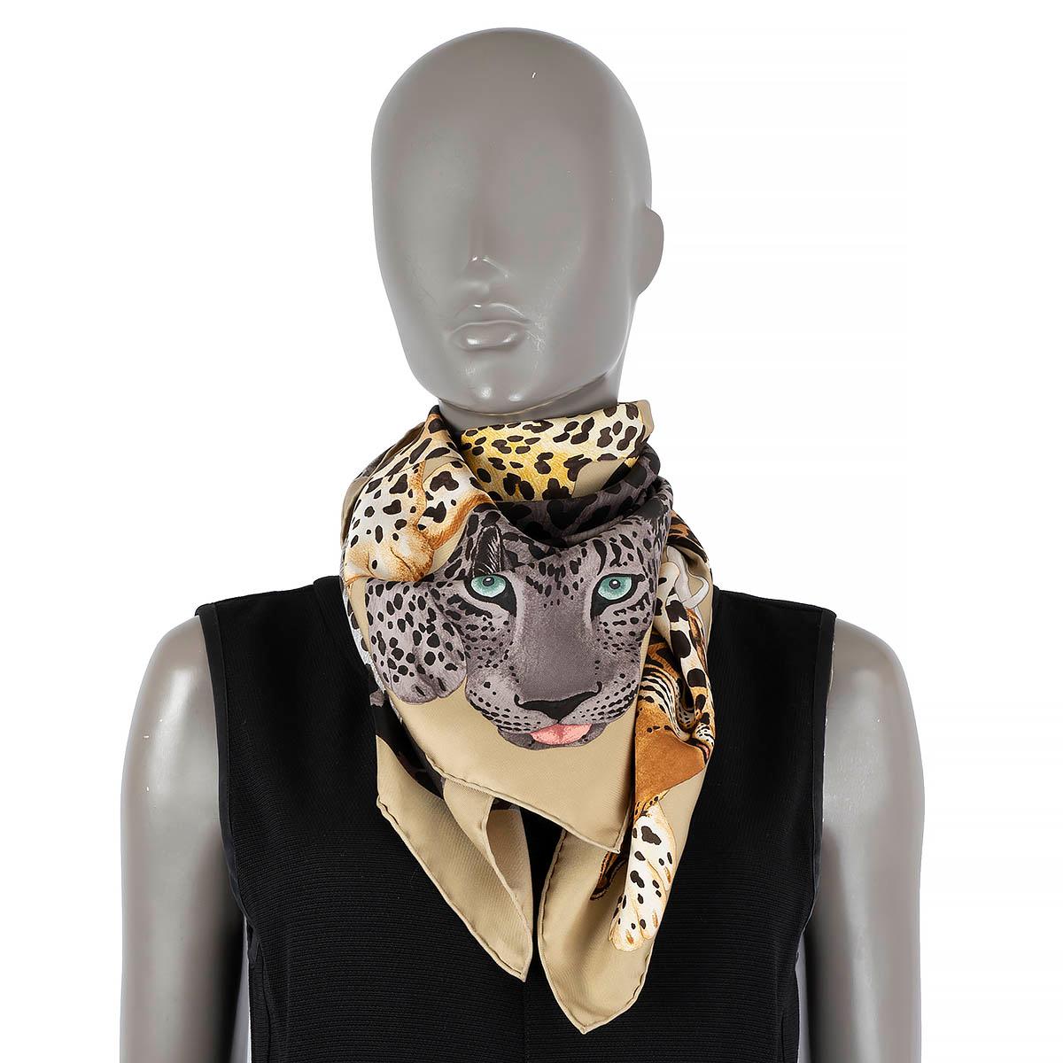 HERMES silk LAZY LEOPARDESSES 90 Scarf Camel Anthracite Fauve 4