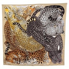 HERMES silk LAZY LEOPARDESSES 90 Scarf Camel Anthracite Fauve