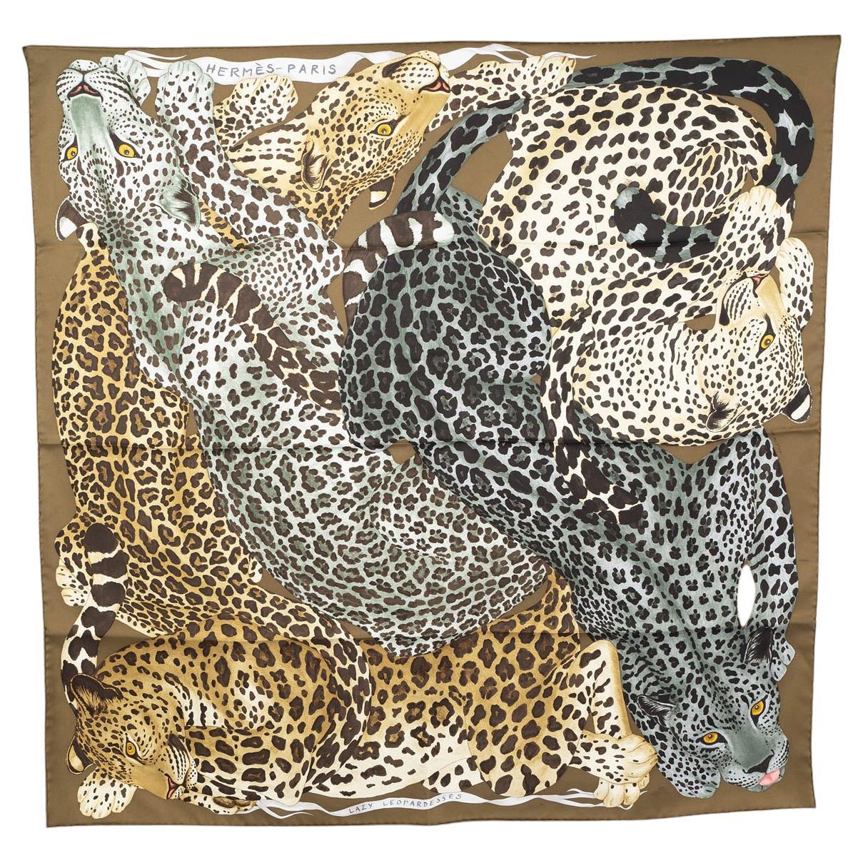 HERMES silk LAZY LEOPARDESSES 90 Scarf Kaki Fonce Anthracite Beige