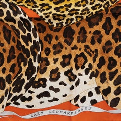 HERMES silk LAZY LEOPARDESSES 90 Scarf Potiron Brun Miel